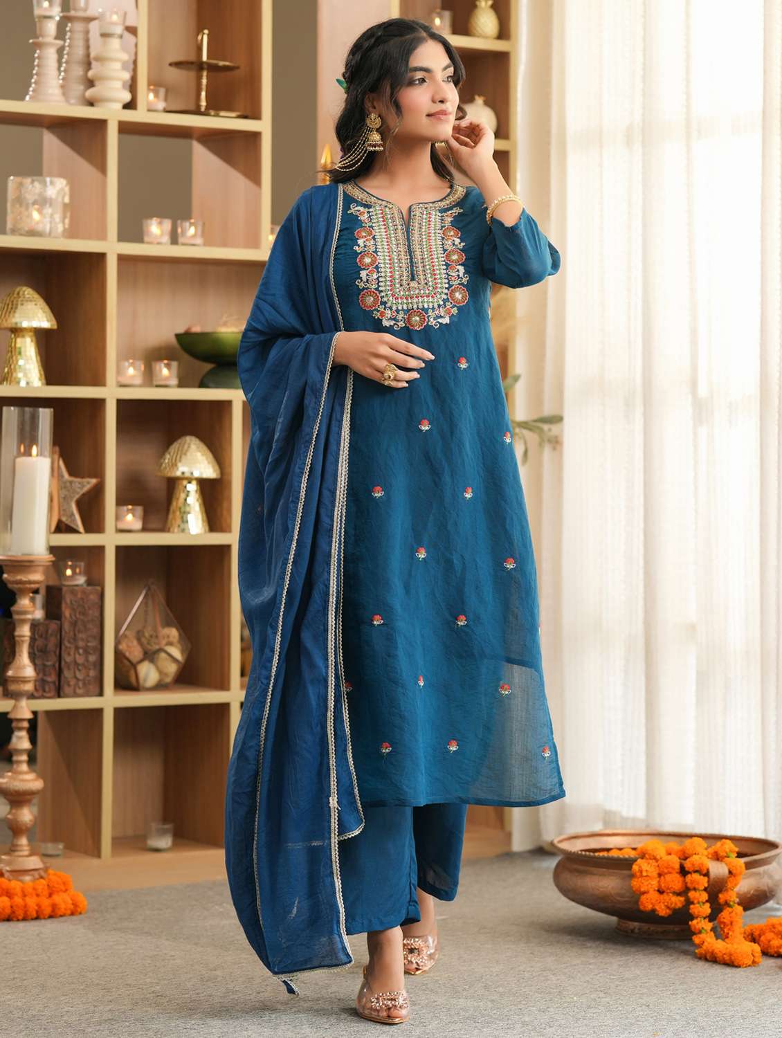 women solid with work three quarter sleeve kurta pant with dupatta set - 22072096 - Standard Image - 4