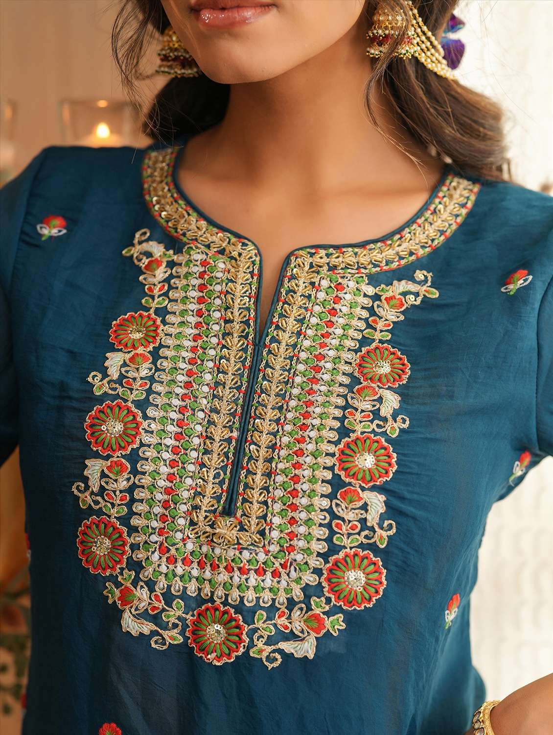women solid with work three quarter sleeve kurta pant with dupatta set - 22072096 - Standard Image - 6
