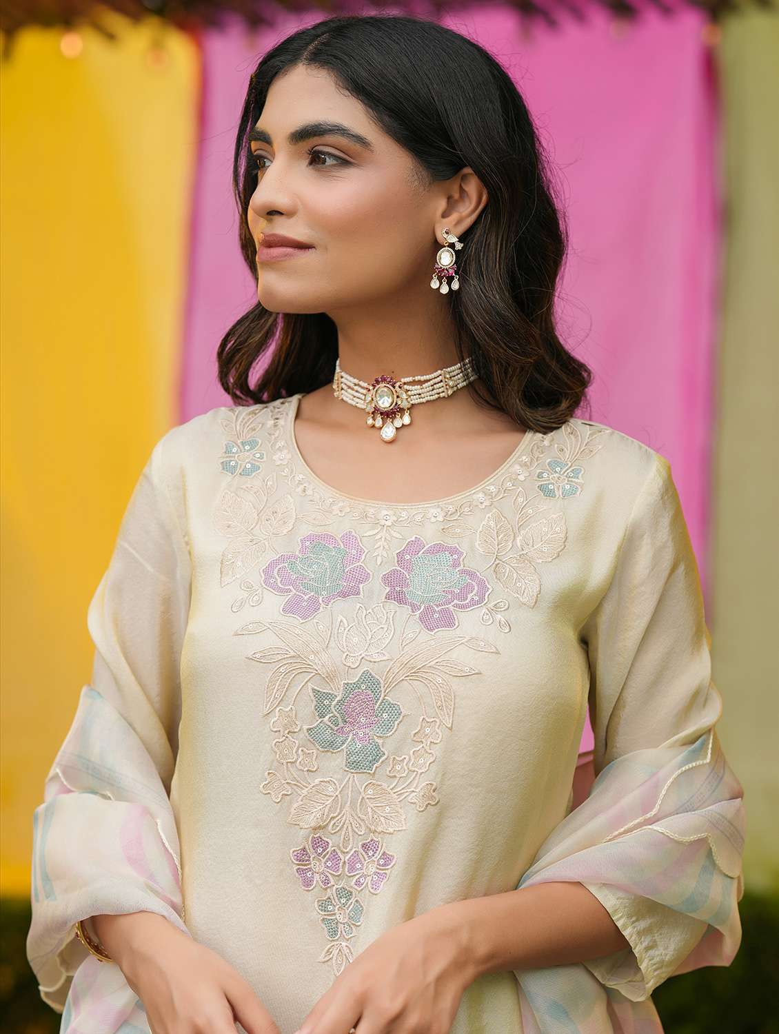 women solid with work three quarter sleeve kurta pant with dupatta set - 22072097 - Standard Image - 6