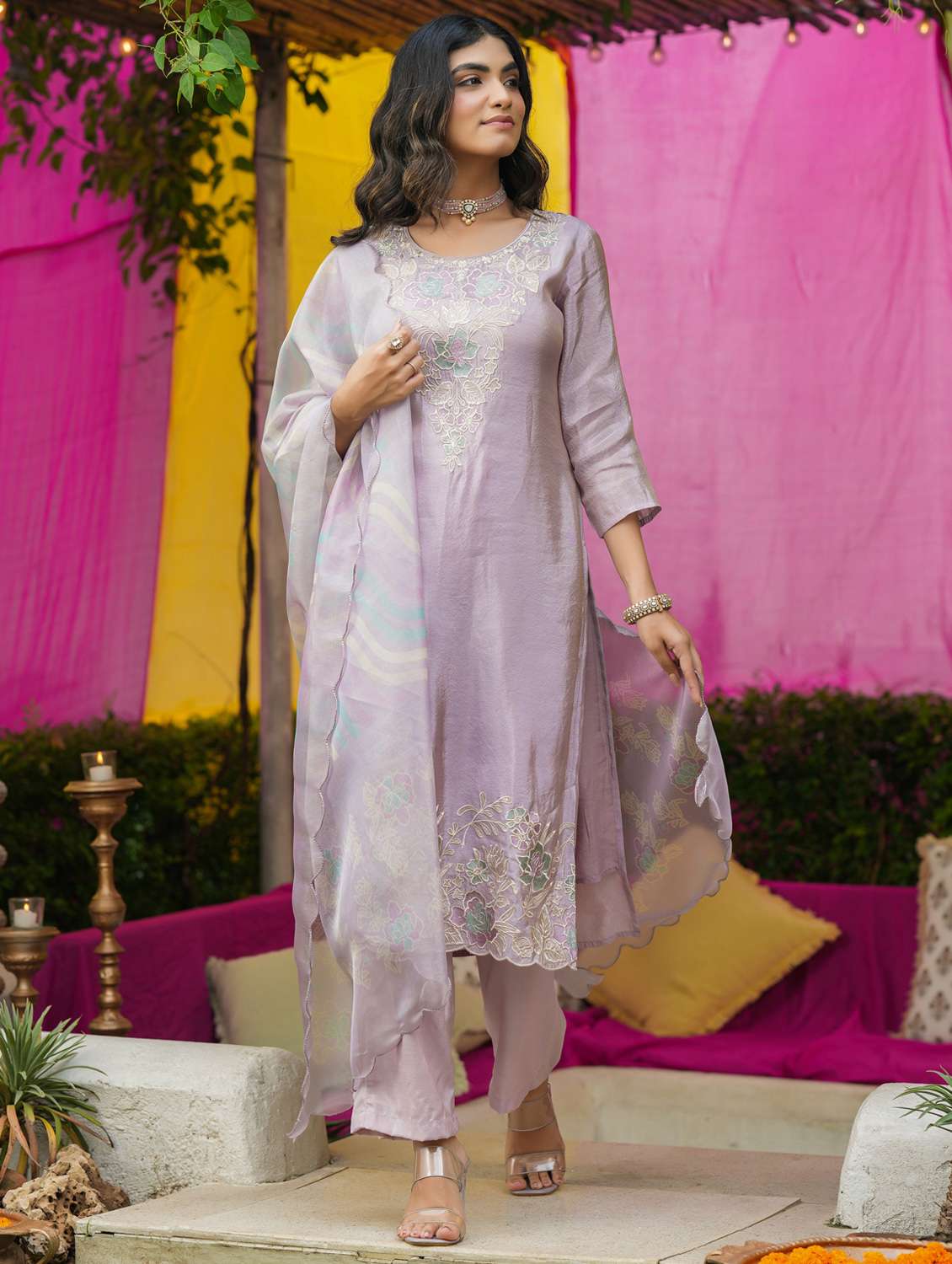 women solid with work three quarter sleeve kurta pant with dupatta set