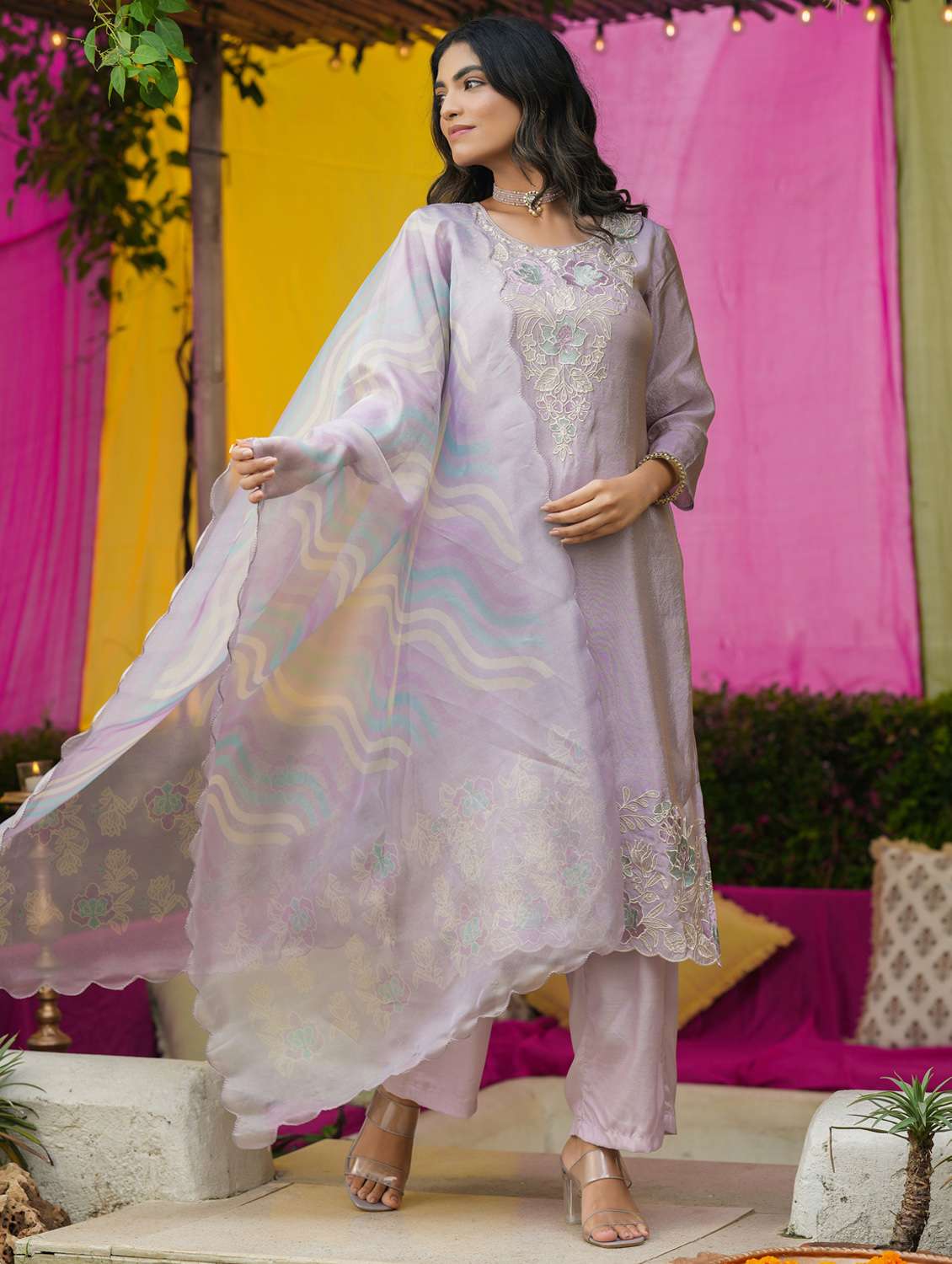 women solid with work three quarter sleeve kurta pant with dupatta set - 22072098 -  Standard Image - 1