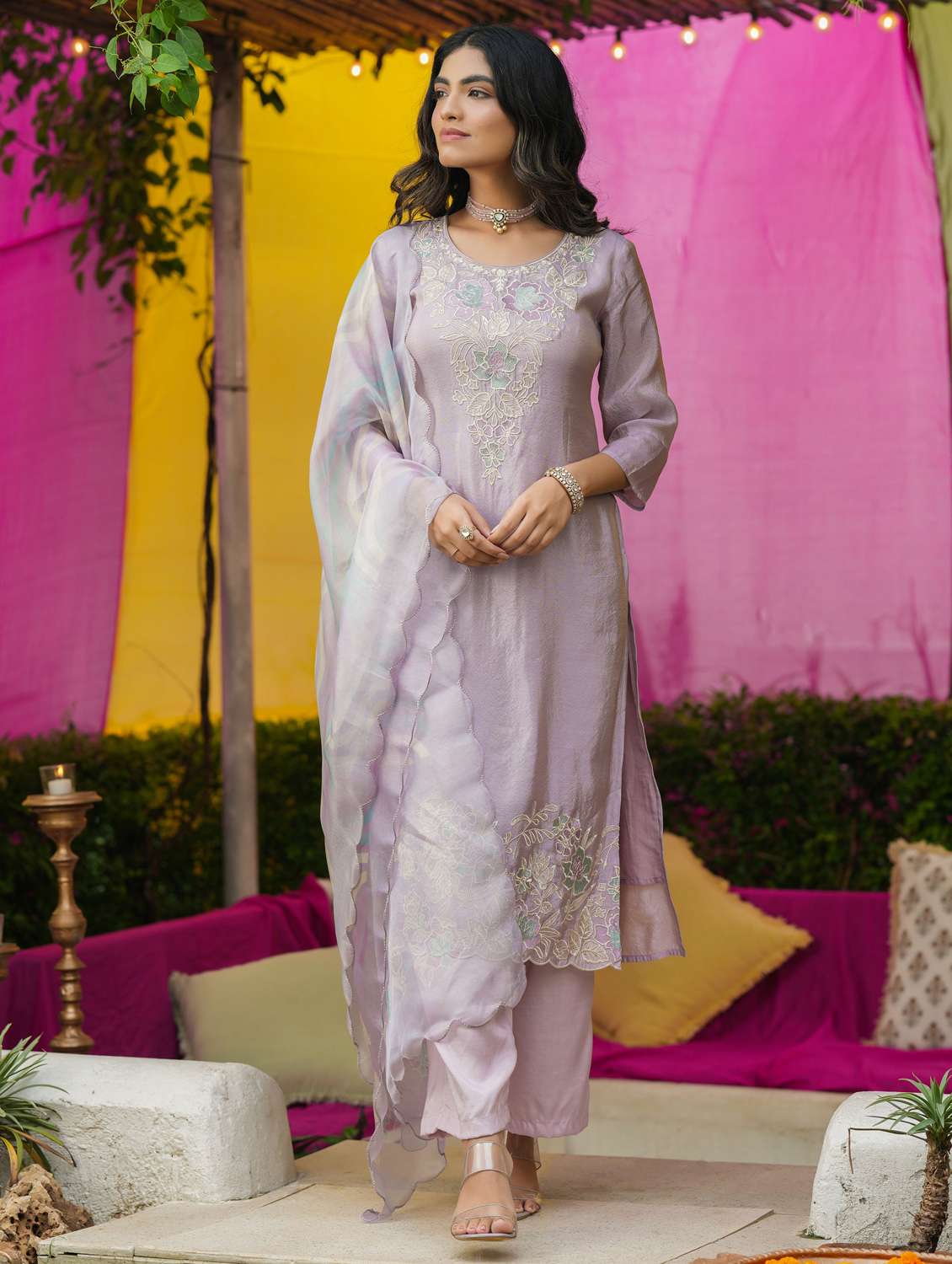 women solid with work three quarter sleeve kurta pant with dupatta set - 22072098 -  Standard Image - 4