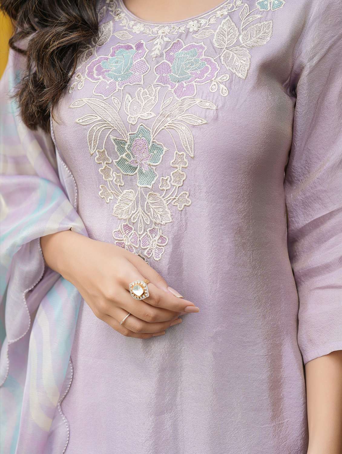 women solid with work three quarter sleeve kurta pant with dupatta set - 22072098 -  Standard Image - 6