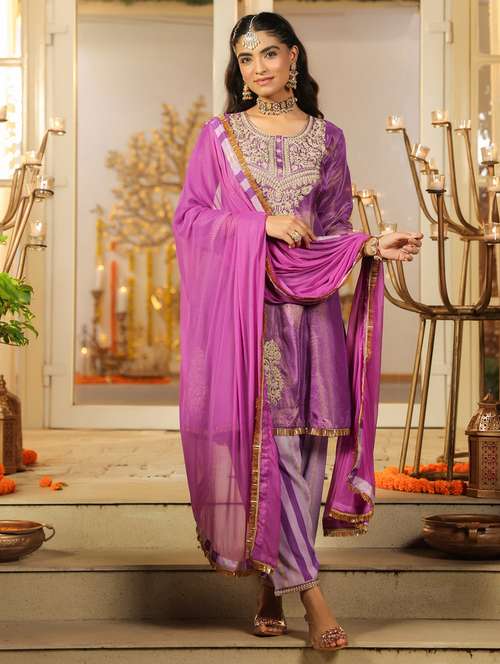 women solid with work three quarter sleeve kurta salwar with dupatta set - 22072100 -  Standard Image - 0