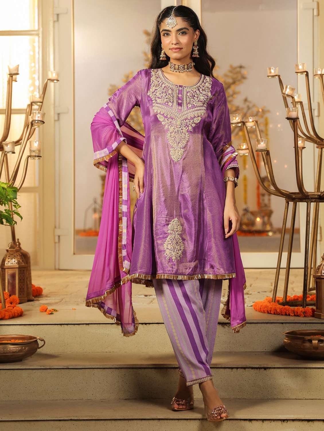 women solid with work three quarter sleeve kurta salwar with dupatta set - 22072100 -  Standard Image - 1