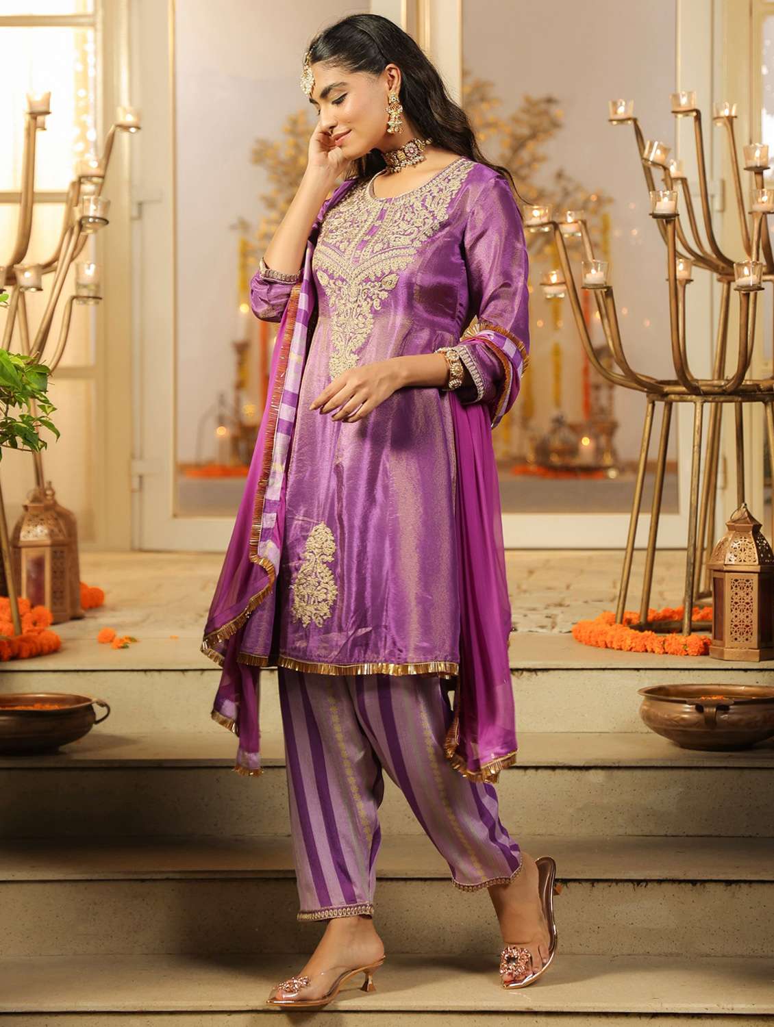 women solid with work three quarter sleeve kurta salwar with dupatta set - 22072100 - Standard Image - 4