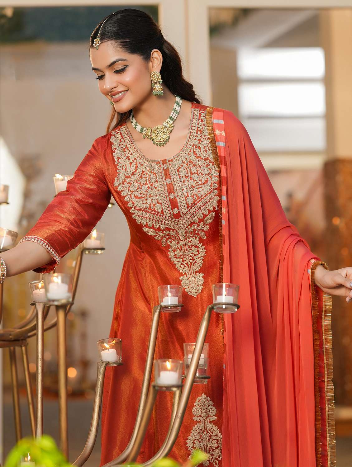 women solid with work three quarter sleeve kurta salwar with dupatta set - 22072101 - Standard Image - 1