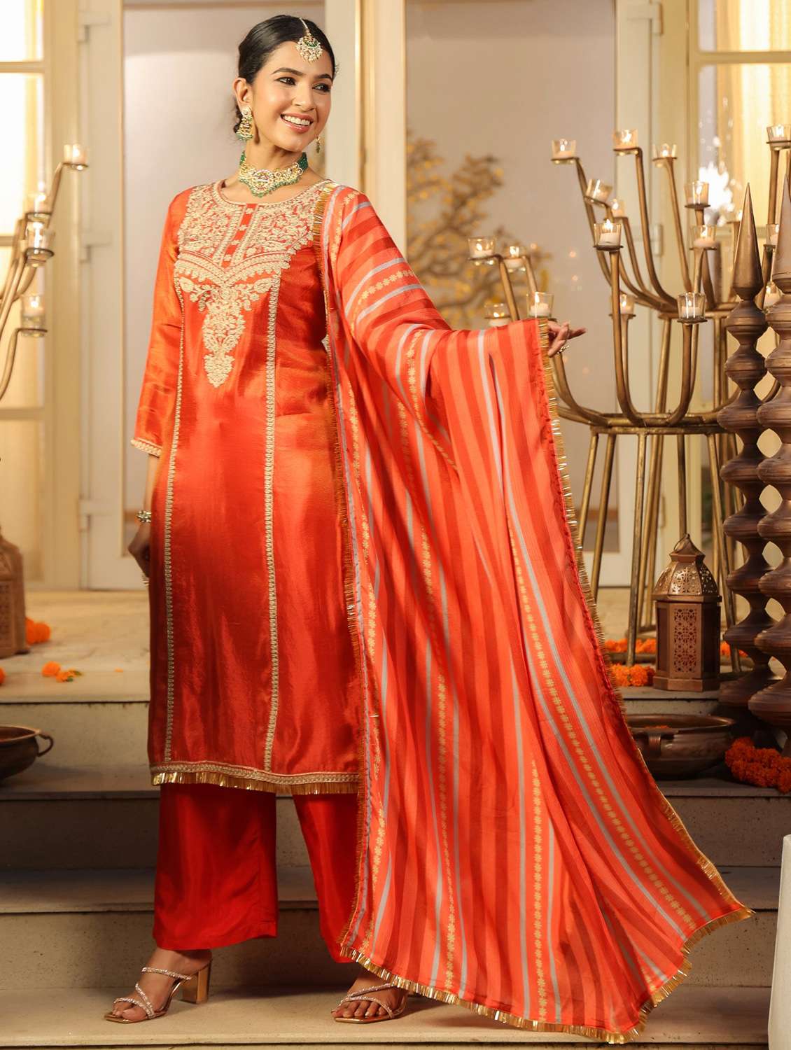 women solid with work three quarter sleeve kurta pant with dupatta set - 22072102 -  Standard Image - 1