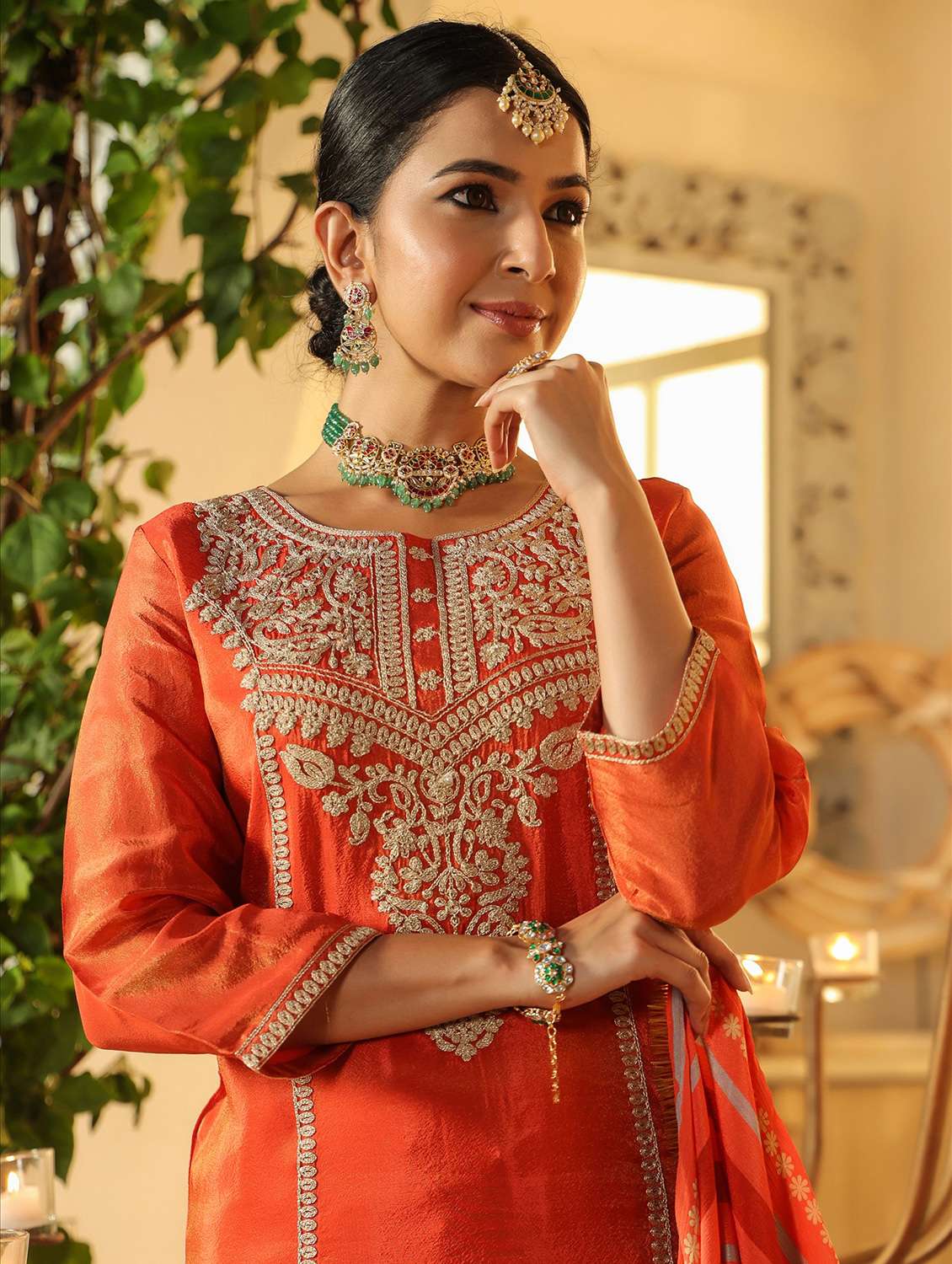 women solid with work three quarter sleeve kurta pant with dupatta set - 22072102 -  Standard Image - 4