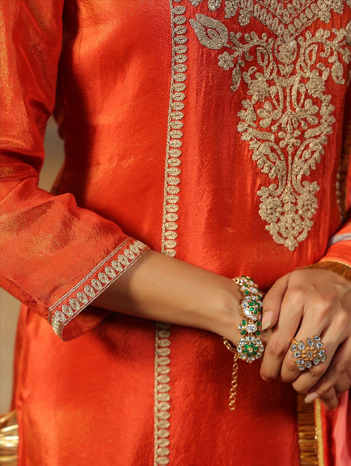 women solid with work three quarter sleeve kurta pant with dupatta set - 22072102 -  Standard Image - 6