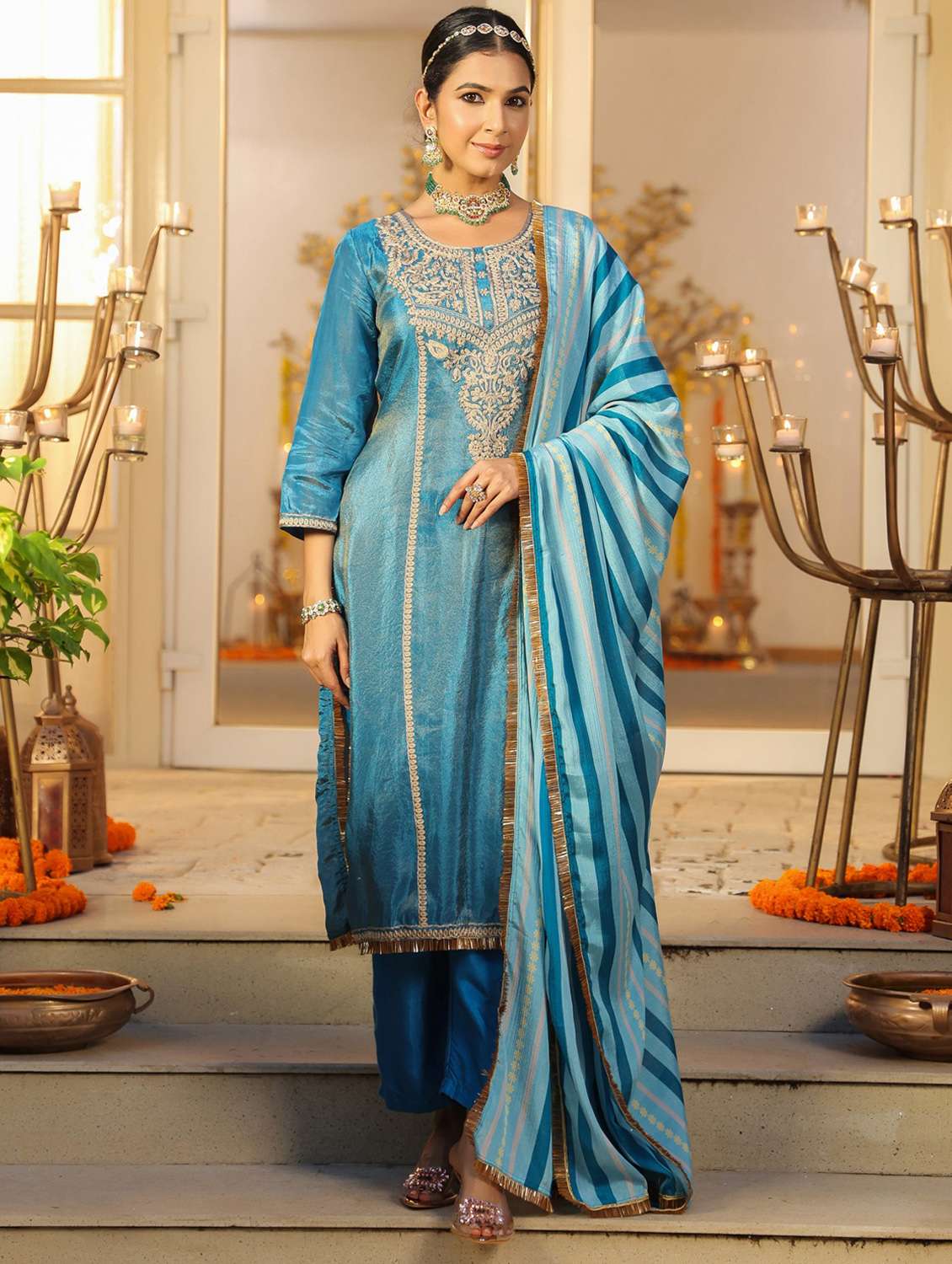 women solid with work three quarter sleeve kurta pant with dupatta set