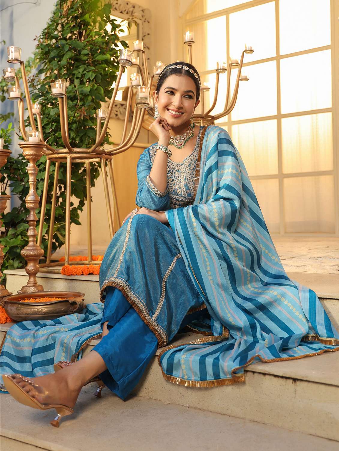 women solid with work three quarter sleeve kurta pant with dupatta set - 22072103 -  Standard Image - 1