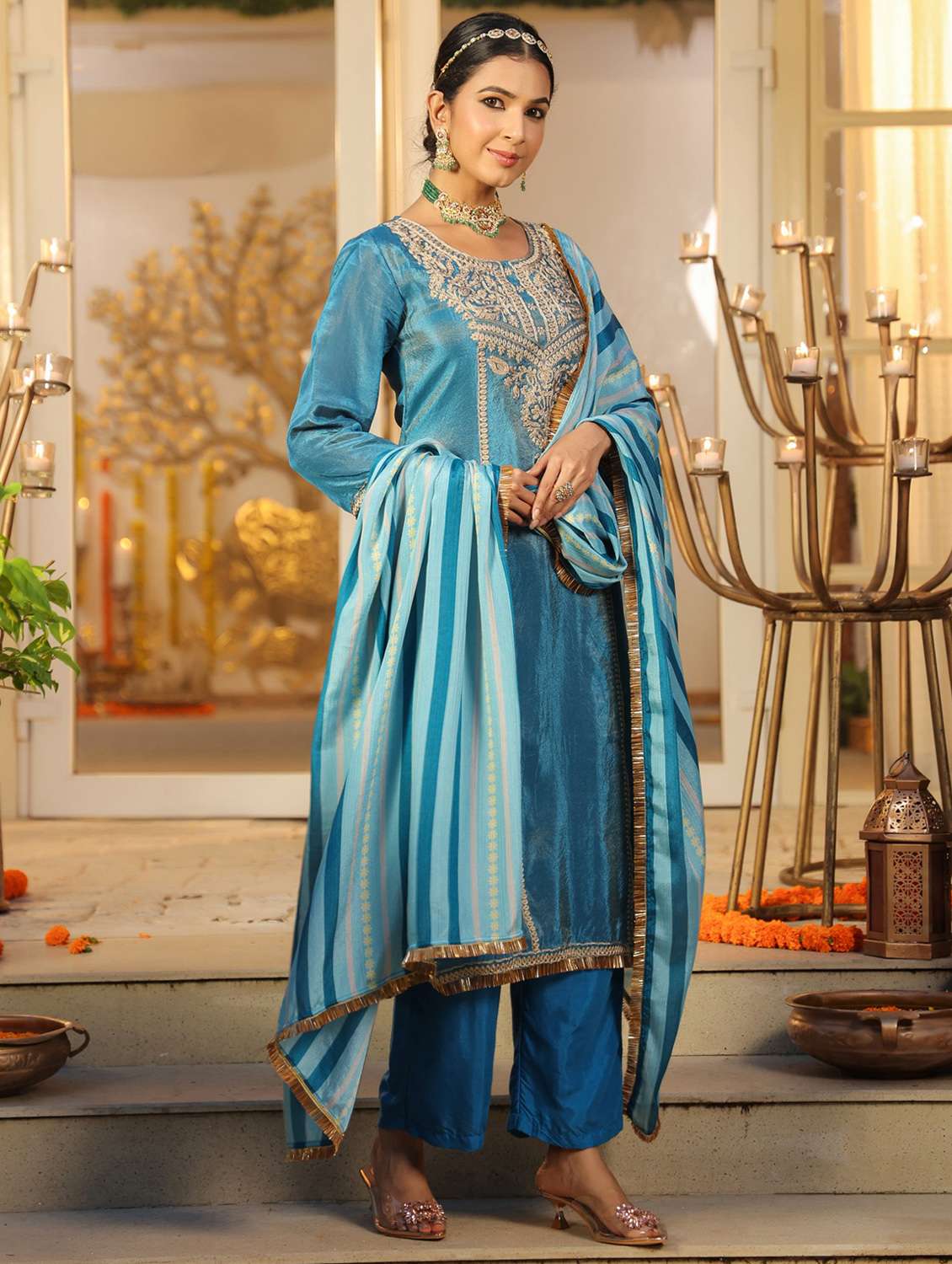 women solid with work three quarter sleeve kurta pant with dupatta set - 22072103 -  Standard Image - 4