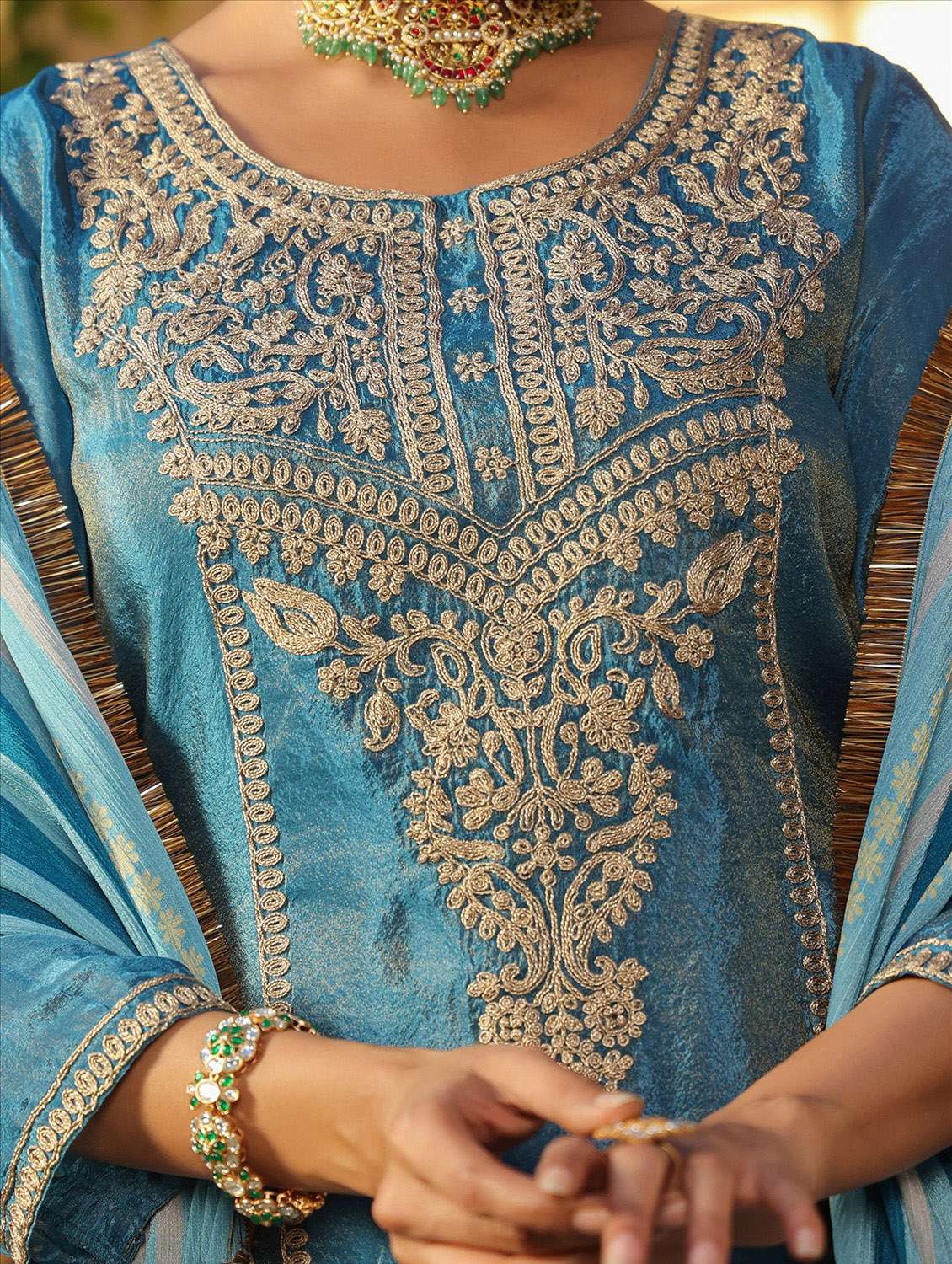 women solid with work three quarter sleeve kurta pant with dupatta set - 22072103 -  Standard Image - 6