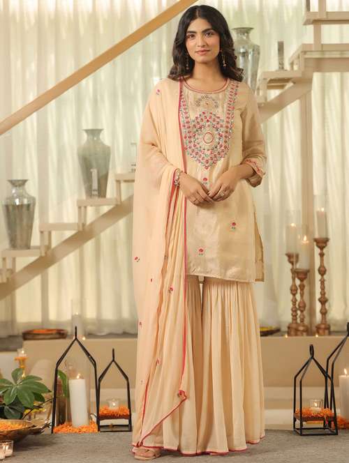 women solid with work three quarter sleeve kurta sharara with dupatta set - 22072104 -  Standard Image - 0