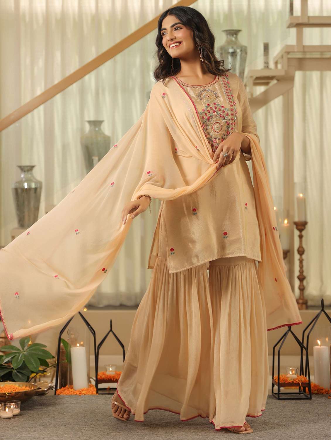 women solid with work three quarter sleeve kurta sharara with dupatta set - 22072104 -  Standard Image - 1