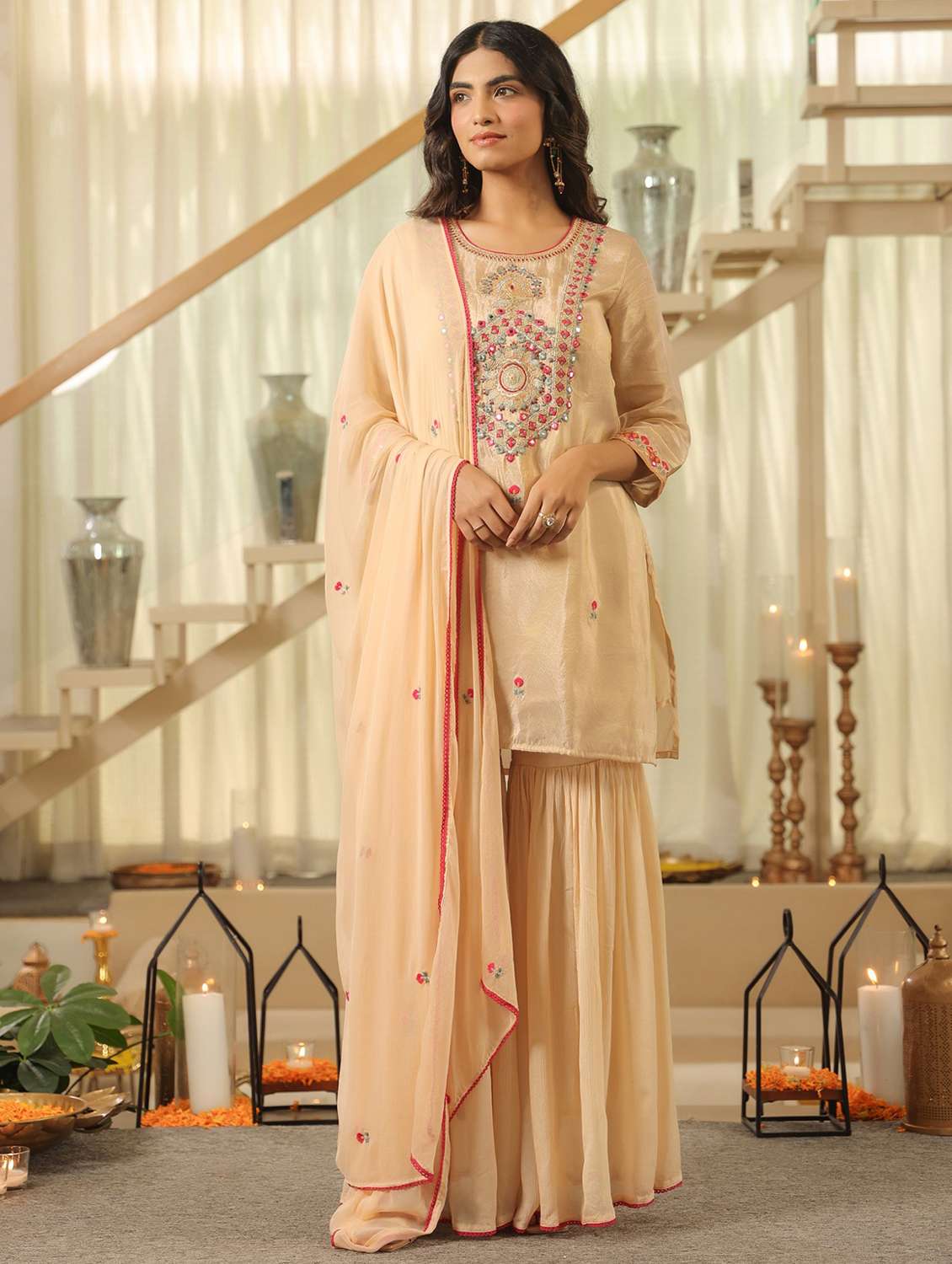 women solid with work three quarter sleeve kurta sharara with dupatta set - 22072104 -  Standard Image - 4