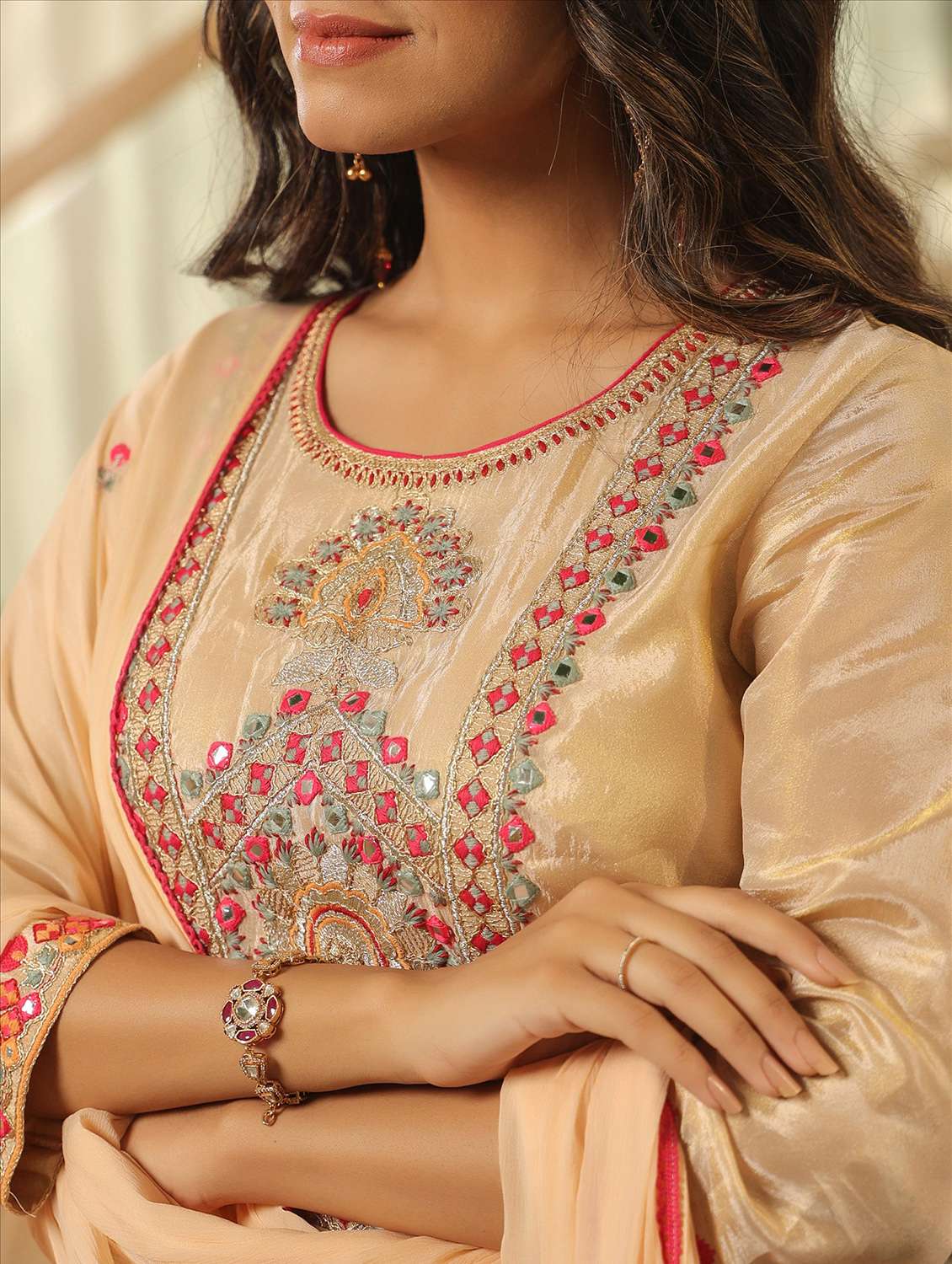 women solid with work three quarter sleeve kurta sharara with dupatta set - 22072104 -  Standard Image - 6