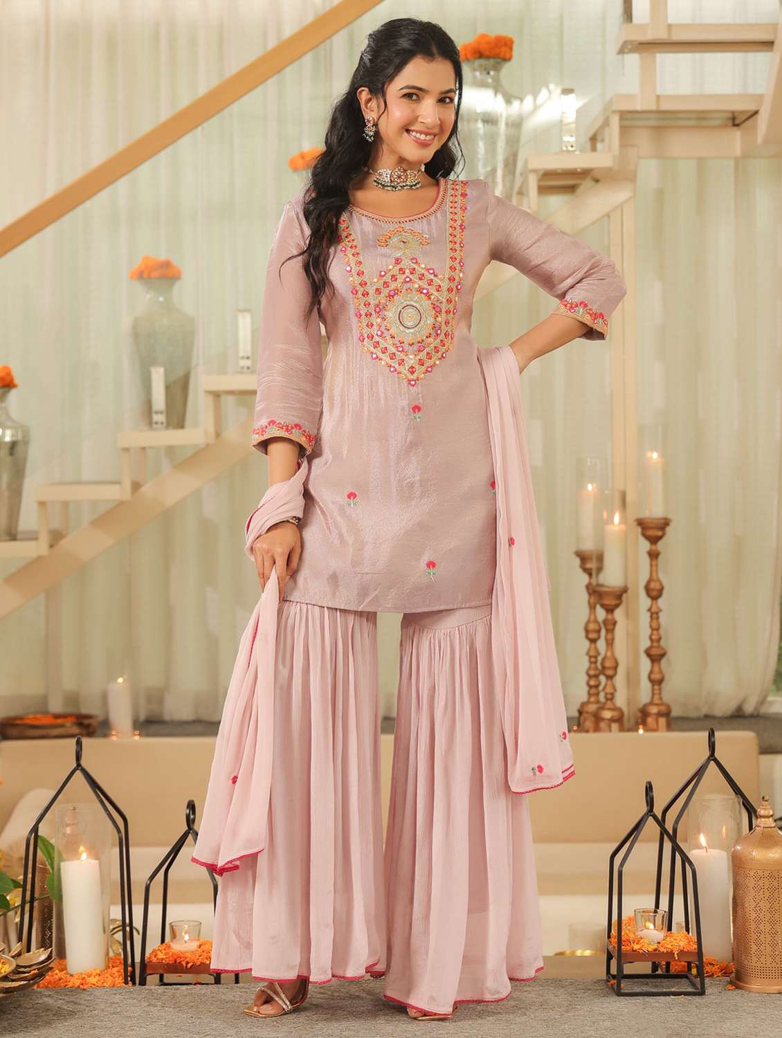women solid with work three quarter sleeve kurta sharara with dupatta set