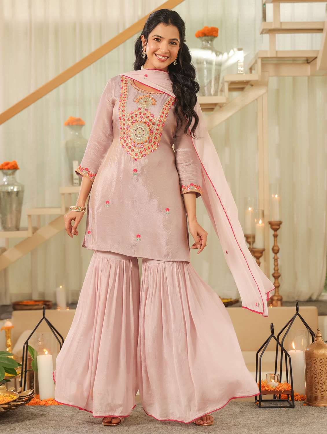 women solid with work three quarter sleeve kurta sharara with dupatta set - 22072105 -  Standard Image - 1