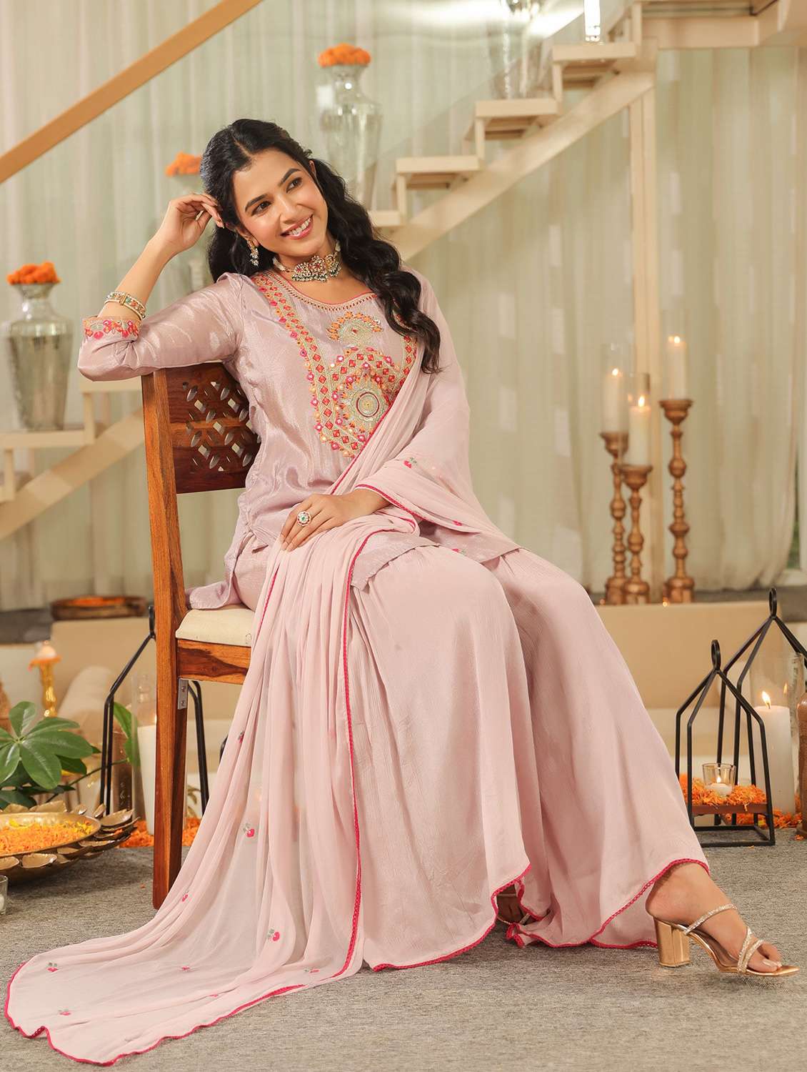 women solid with work three quarter sleeve kurta sharara with dupatta set - 22072105 - Standard Image - 4