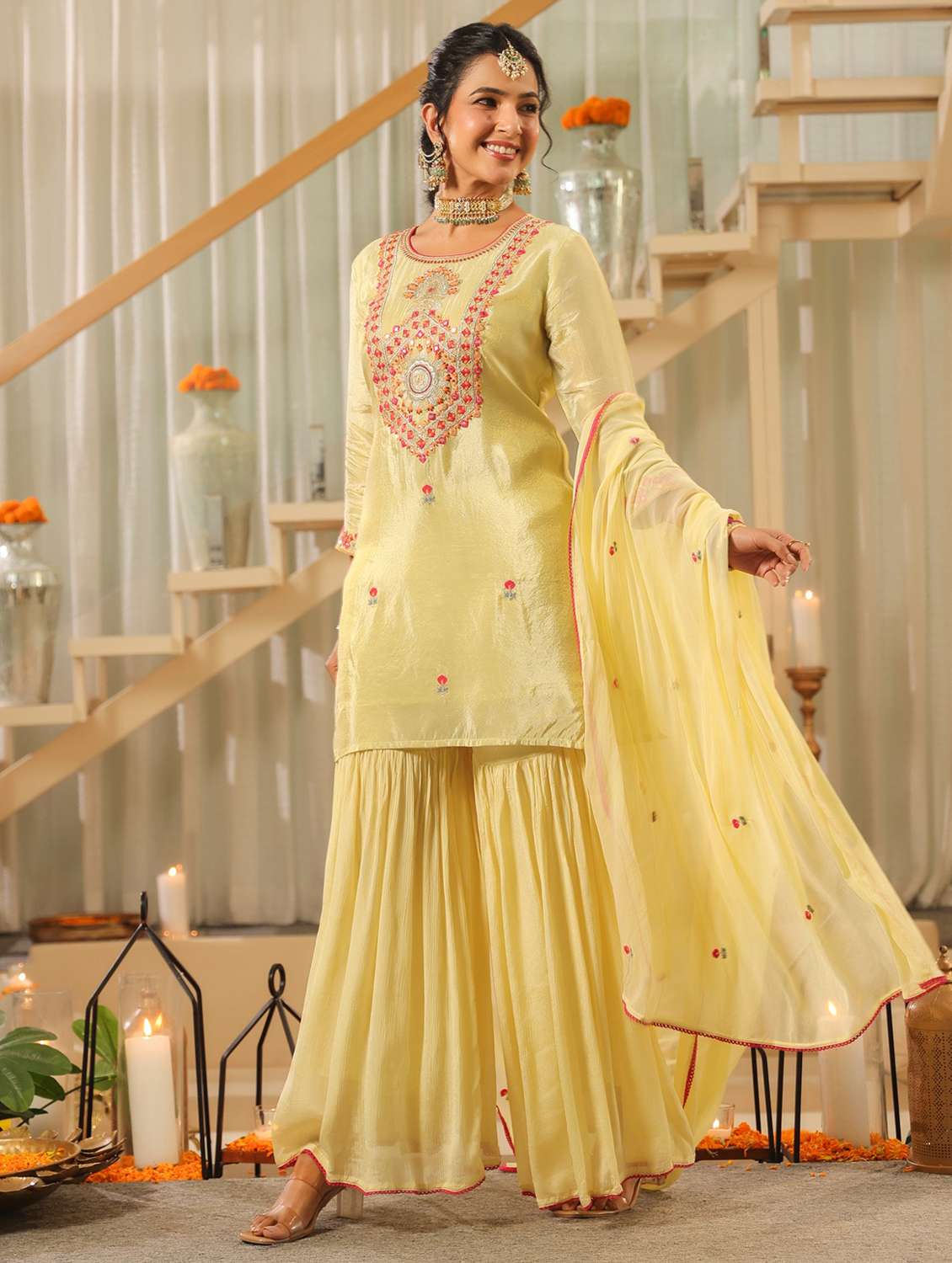 women solid with work three quarter sleeve kurta sharara with dupatta set - 22072106 -  Standard Image - 1