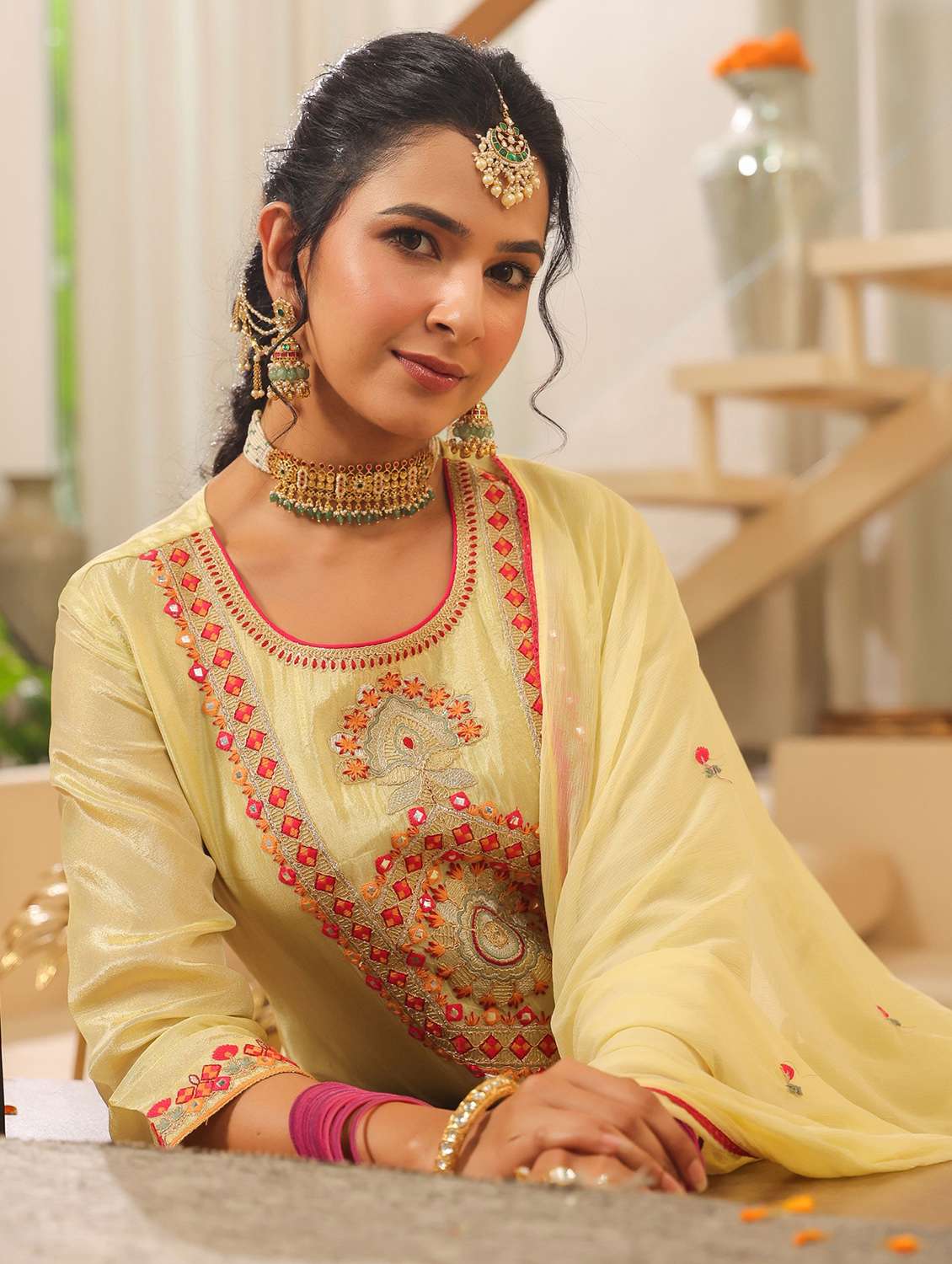 women solid with work three quarter sleeve kurta sharara with dupatta set - 22072106 -  Standard Image - 4