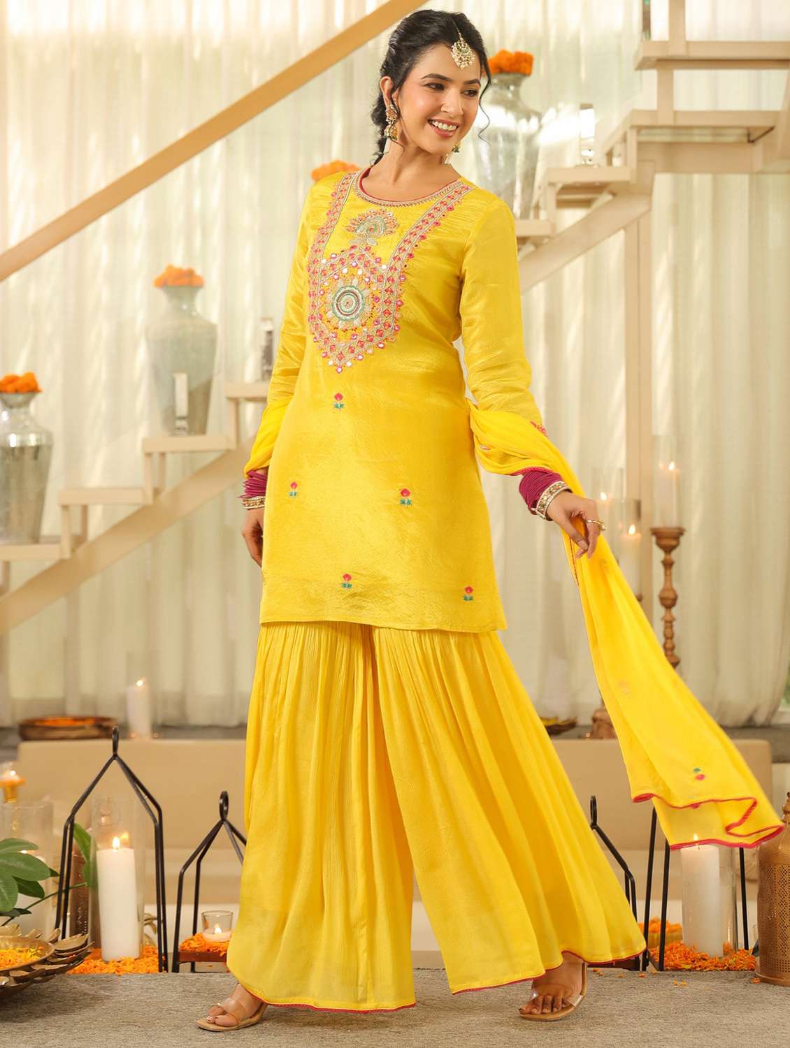 women solid with work three quarter sleeve kurta sharara with dupatta set - 22072107 -  Standard Image - 1