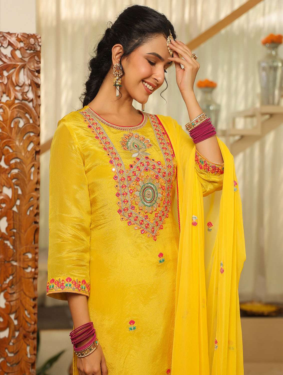 women solid with work three quarter sleeve kurta sharara with dupatta set - 22072107 -  Standard Image - 4