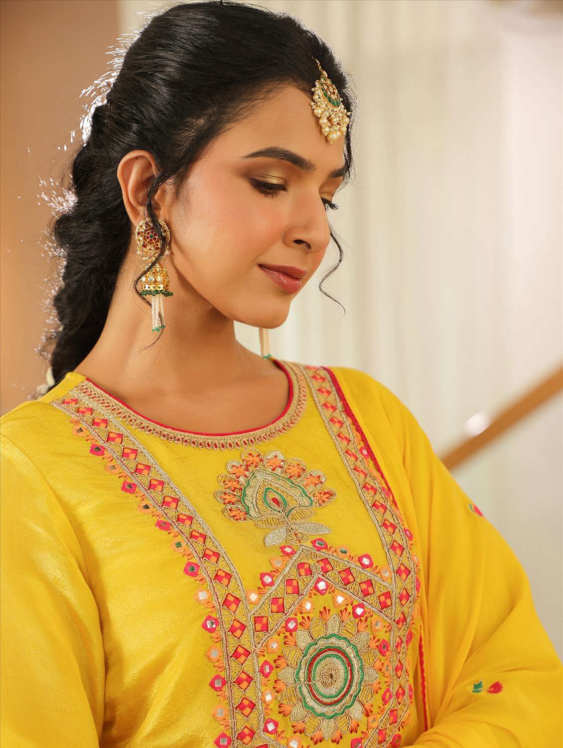 women solid with work three quarter sleeve kurta sharara with dupatta set - 22072107 -  Standard Image - 6