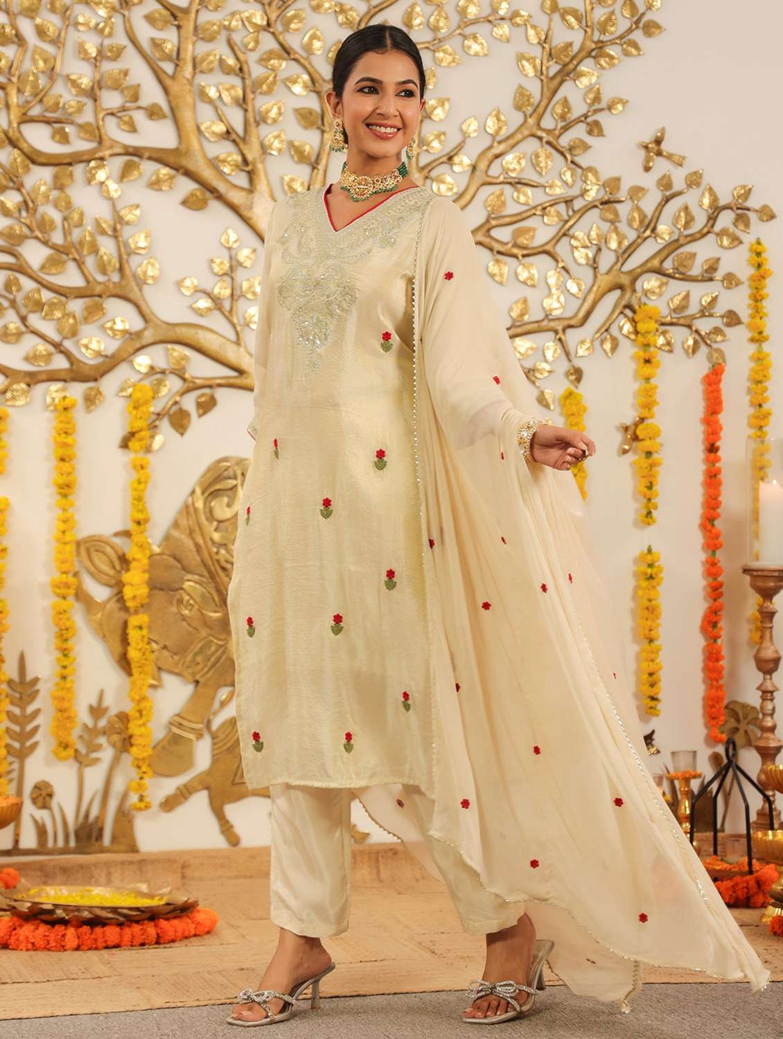 women solid with work three quarter sleeve kurta pant with dupatta set - 22072108 - Standard Image - 1