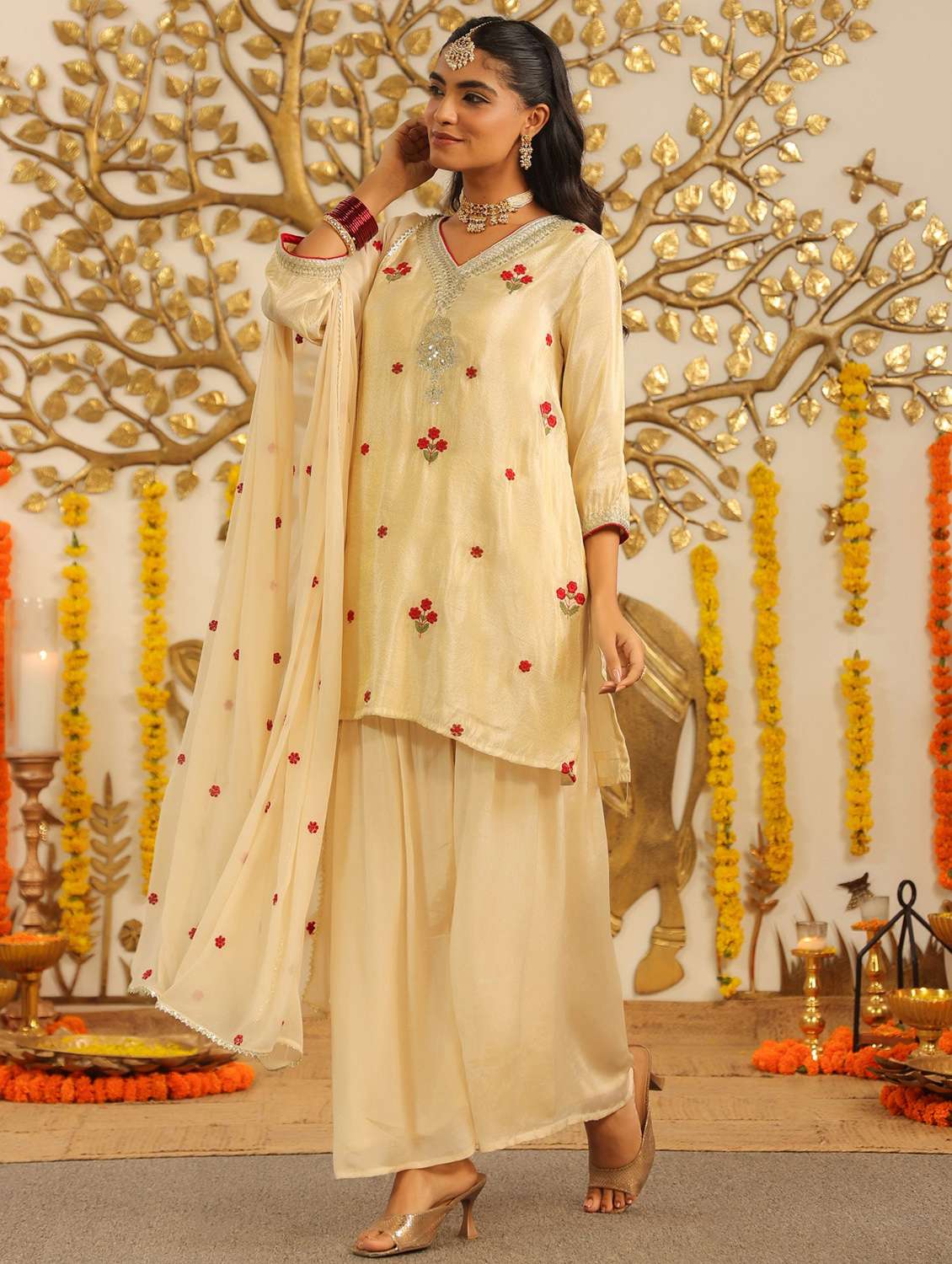 women solid with work three quarter sleeve kurta sharara with dupatta set - 22072109 -  Standard Image - 1