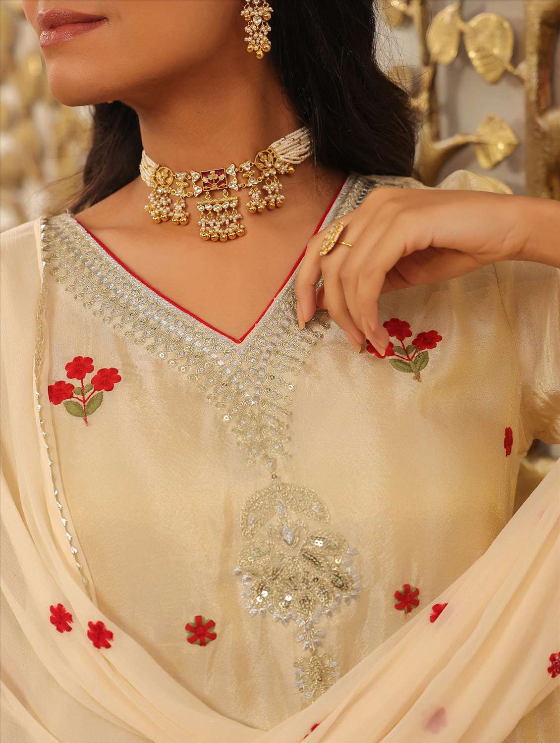 women solid with work three quarter sleeve kurta sharara with dupatta set - 22072109 - Standard Image - 6