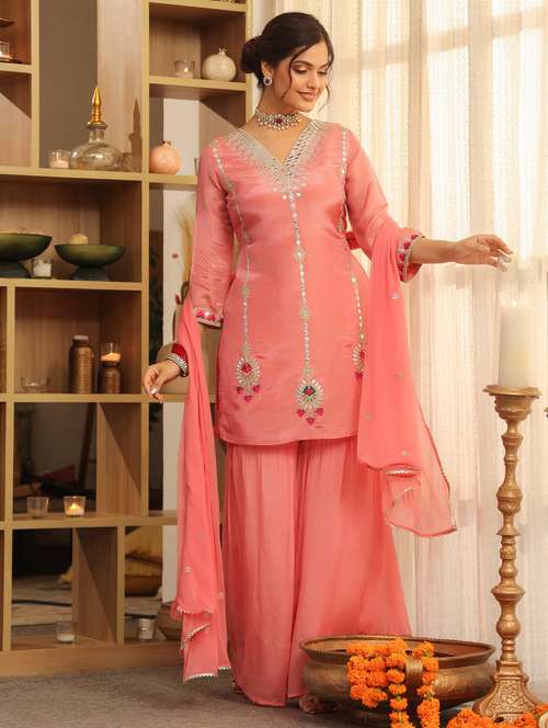 women solid with work three quarter sleeve kurta sharara with dupatta set - 22072110 -  Standard Image - 0