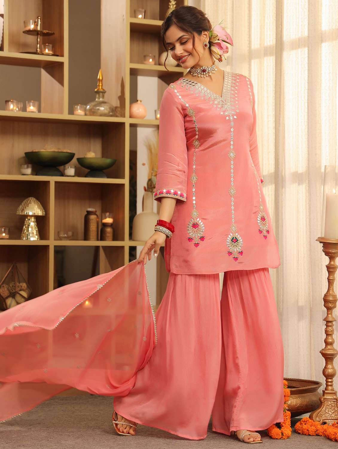 women solid with work three quarter sleeve kurta sharara with dupatta set - 22072110 -  Standard Image - 1