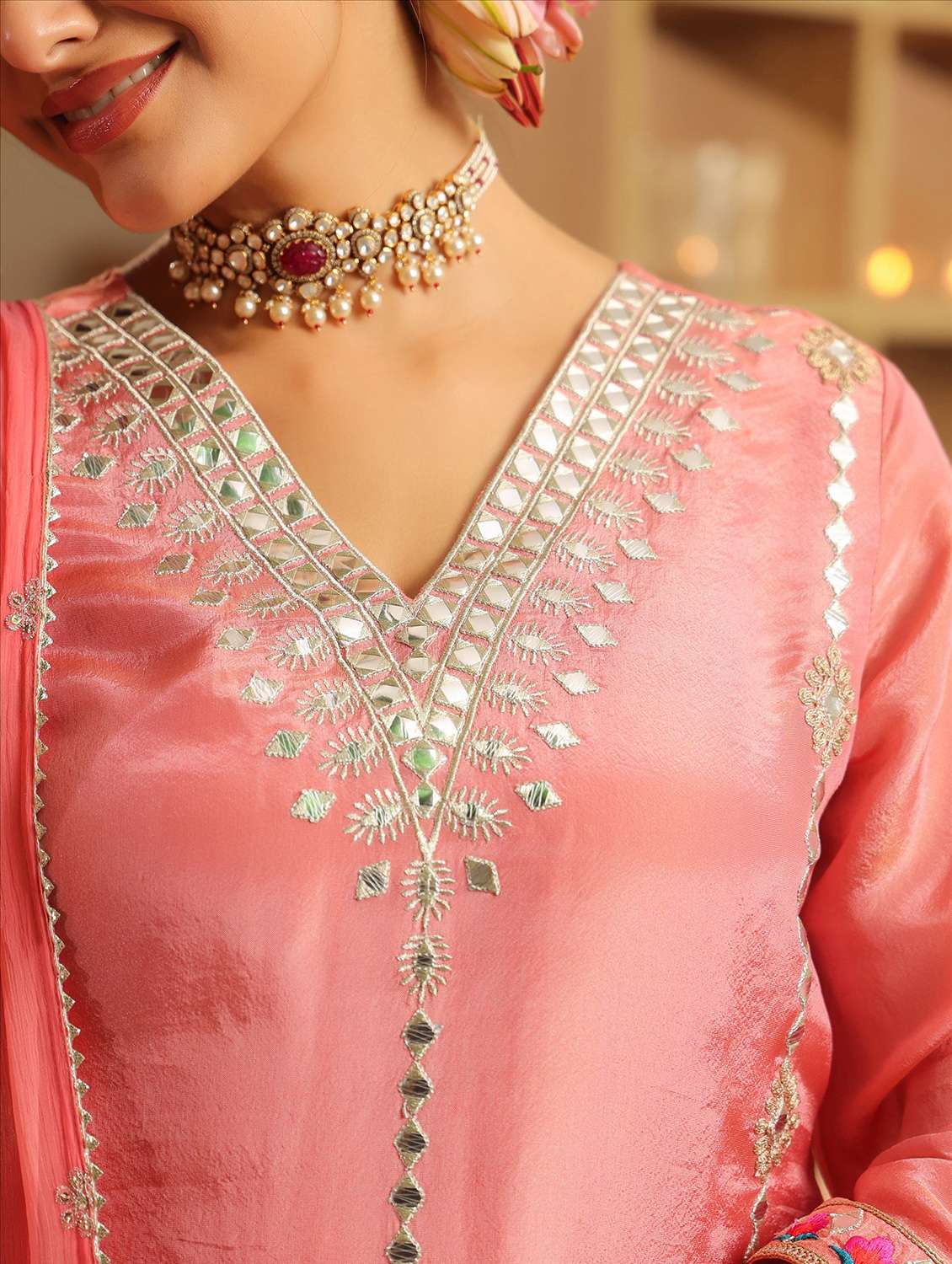 women solid with work three quarter sleeve kurta sharara with dupatta set - 22072110 -  Standard Image - 6