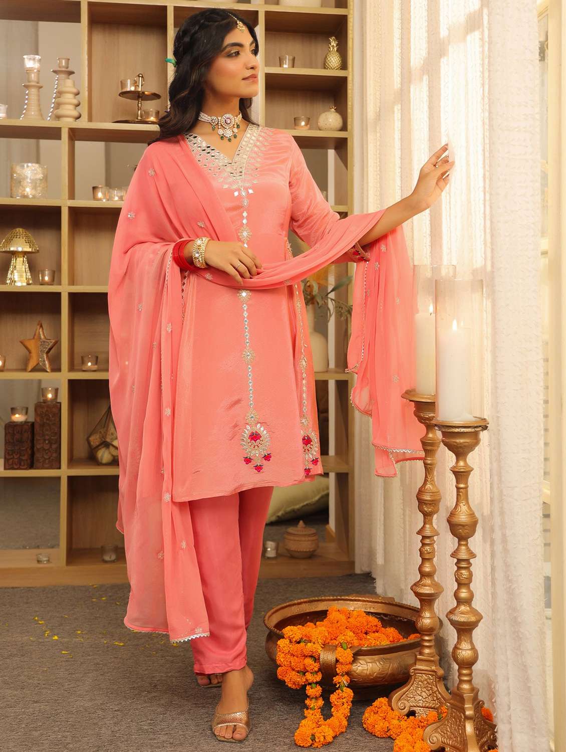 women solid with work three quarter sleeve kurta pant with dupatta set - 22072111 - Standard Image - 1