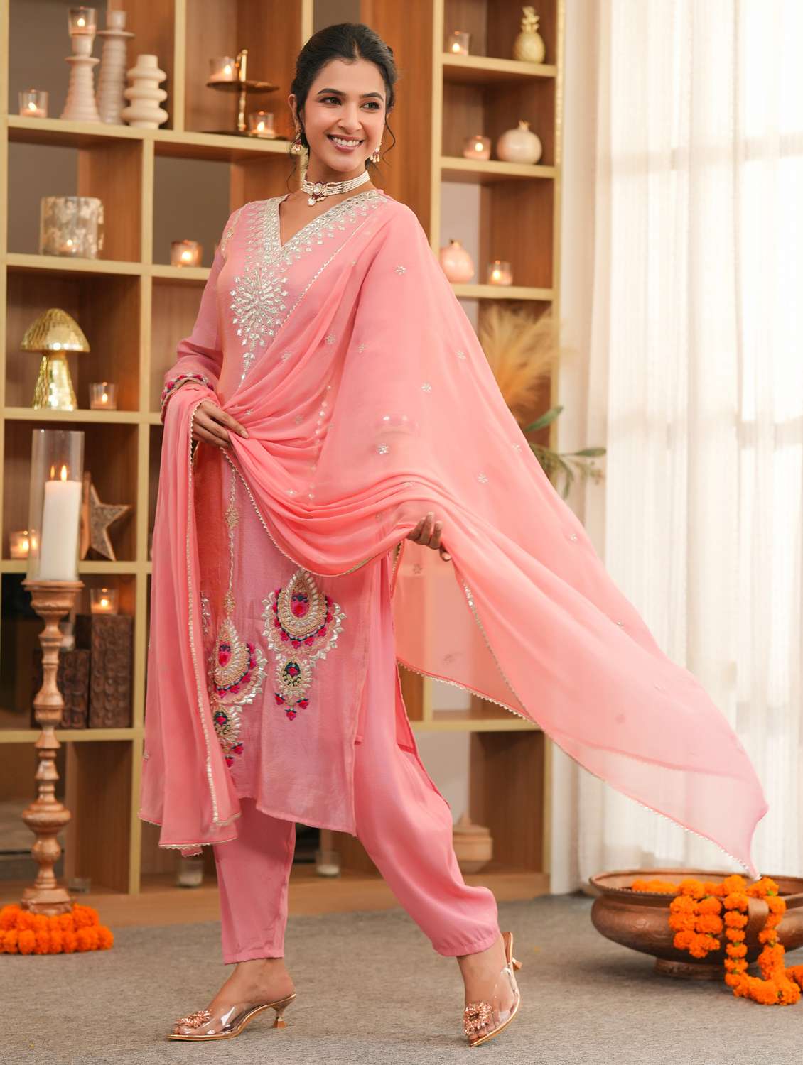 women solid with work three quarter sleeve kurta pant with dupatta set - 22072112 -  Standard Image - 1