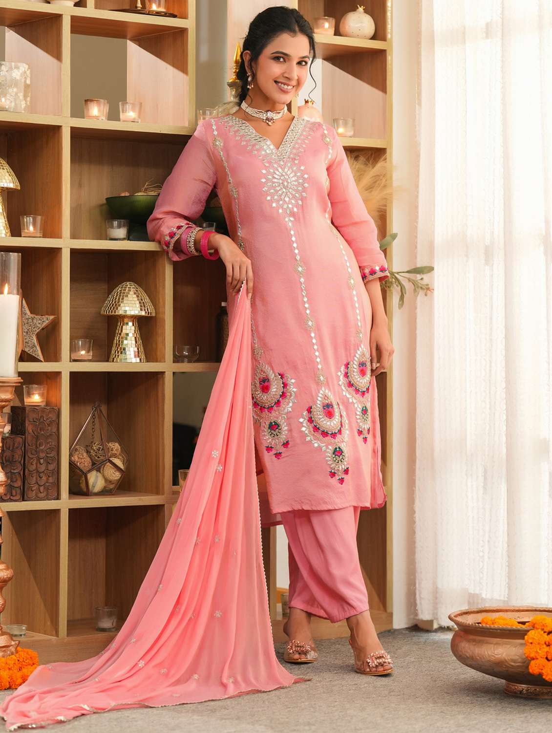 women solid with work three quarter sleeve kurta pant with dupatta set - 22072112 -  Standard Image - 4