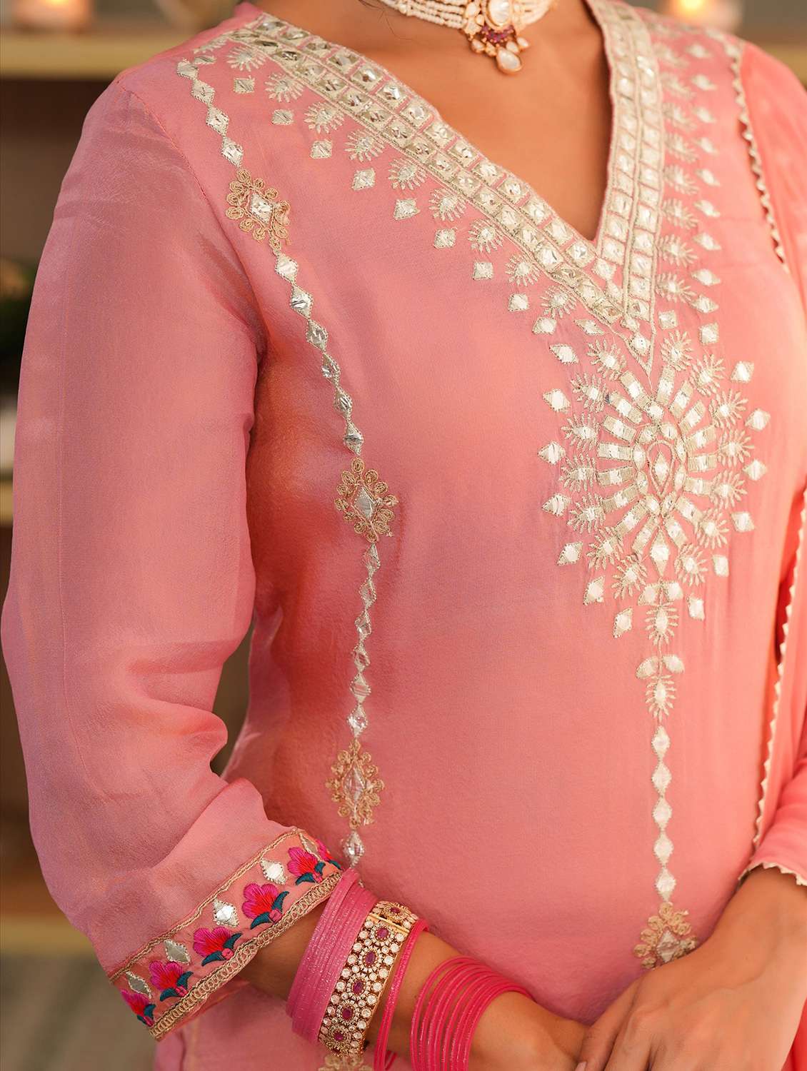 women solid with work three quarter sleeve kurta pant with dupatta set - 22072112 -  Standard Image - 6