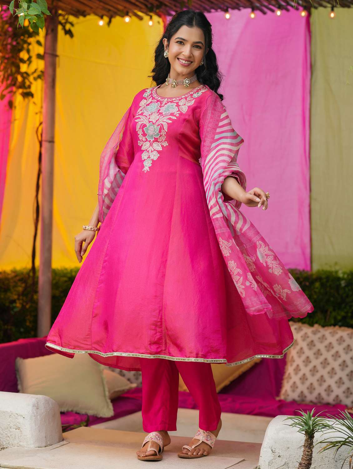 women solid with work three quarter sleeve kurta pant with dupatta set - 22072113 -  Standard Image - 1