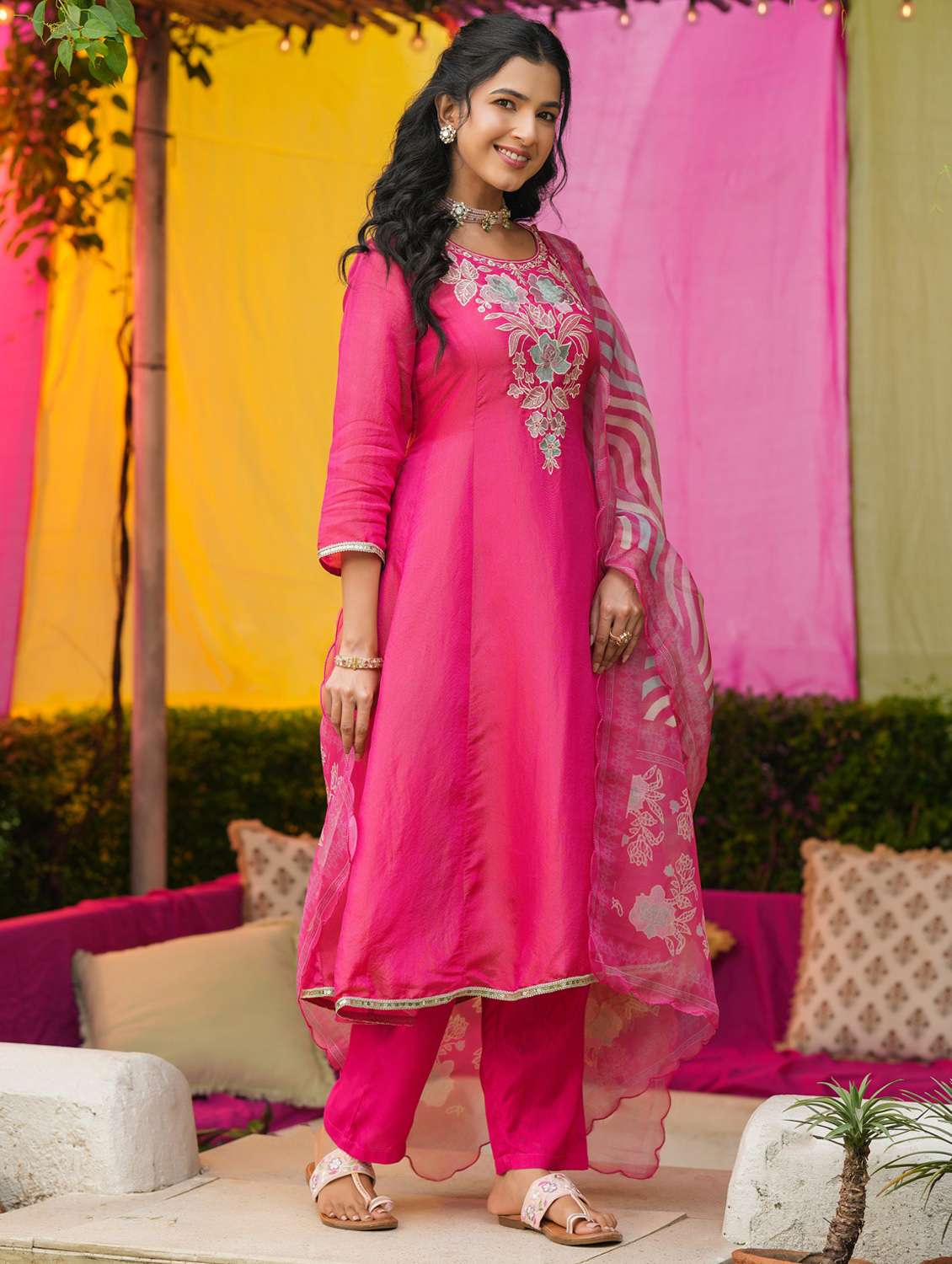 women solid with work three quarter sleeve kurta pant with dupatta set - 22072113 -  Standard Image - 4