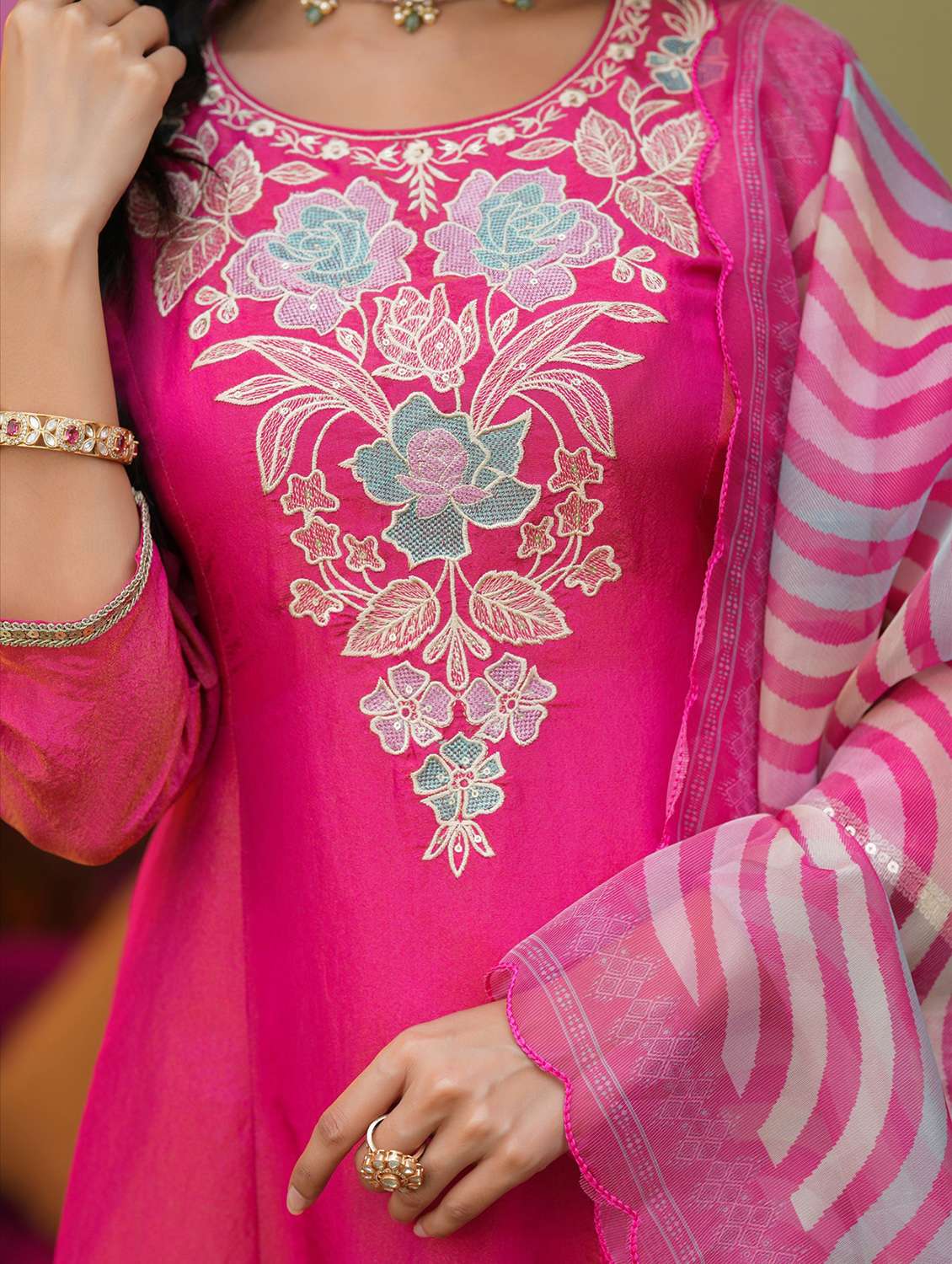 women solid with work three quarter sleeve kurta pant with dupatta set - 22072113 -  Standard Image - 6