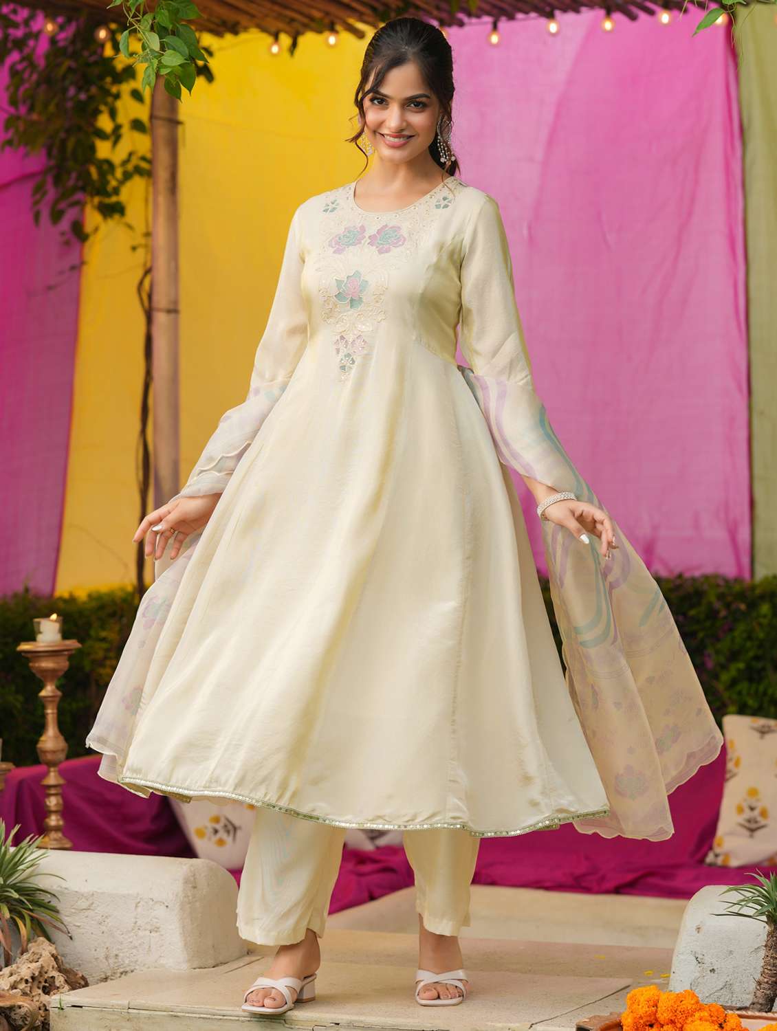 women solid with work three quarter sleeve kurta pant with dupatta set - 22072114 -  Standard Image - 1