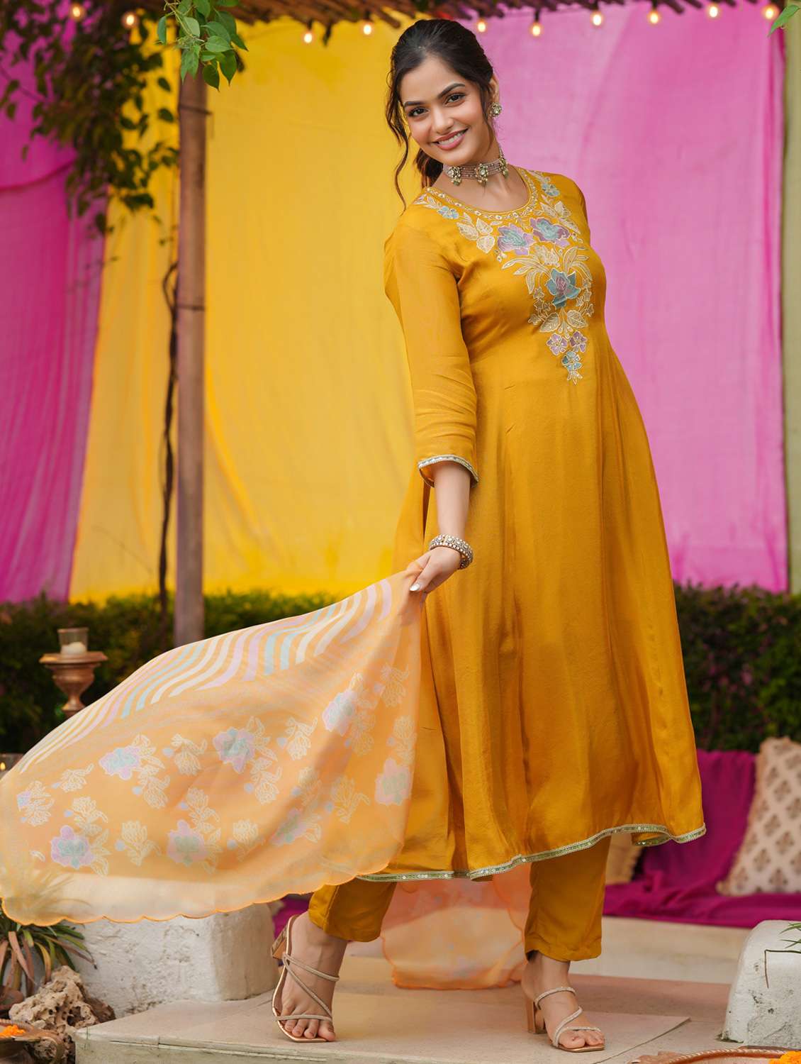 women solid with work three quarter sleeve kurta pant with dupatta set - 22072115 -  Standard Image - 1