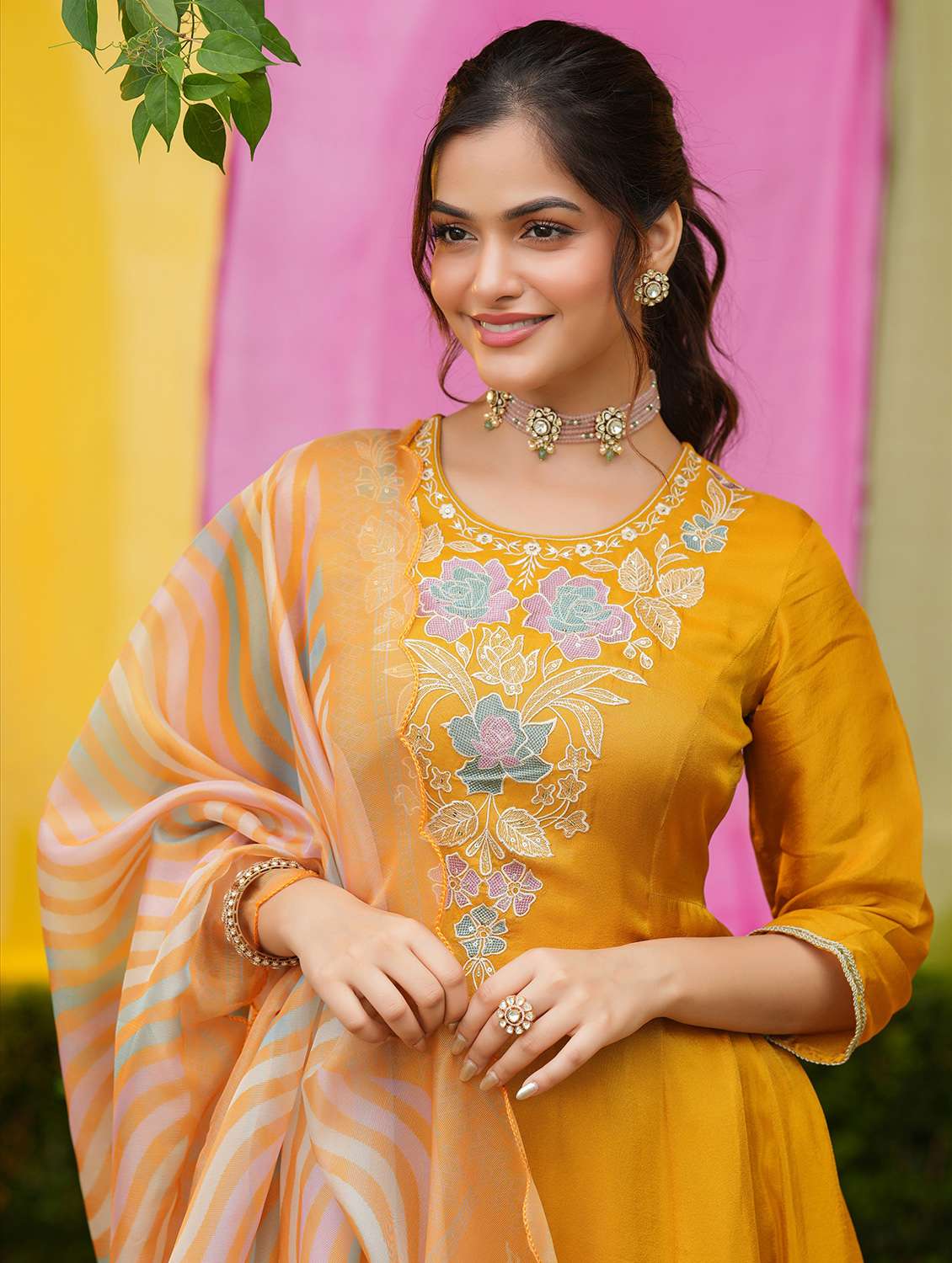 women solid with work three quarter sleeve kurta pant with dupatta set - 22072115 -  Standard Image - 6