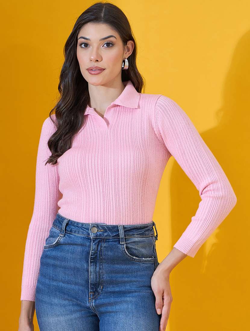 women solid long sleeve collared pullover