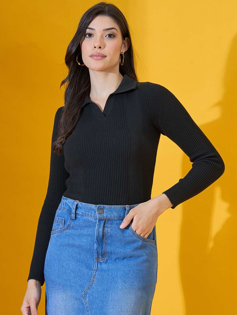 women solid long sleeve collared pullover