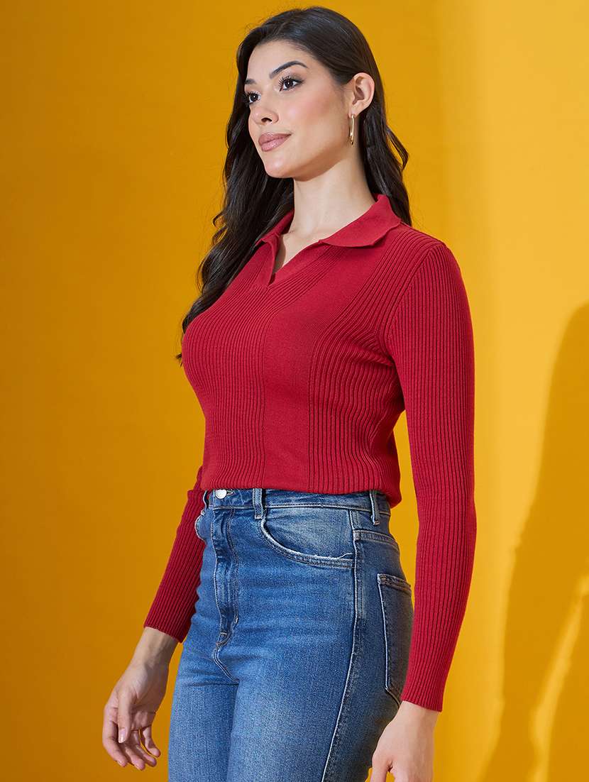 women solid long sleeve collared pullover - 22072215 -  Standard Image - 1