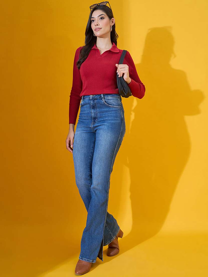 women solid long sleeve collared pullover - 22072215 -  Standard Image - 4